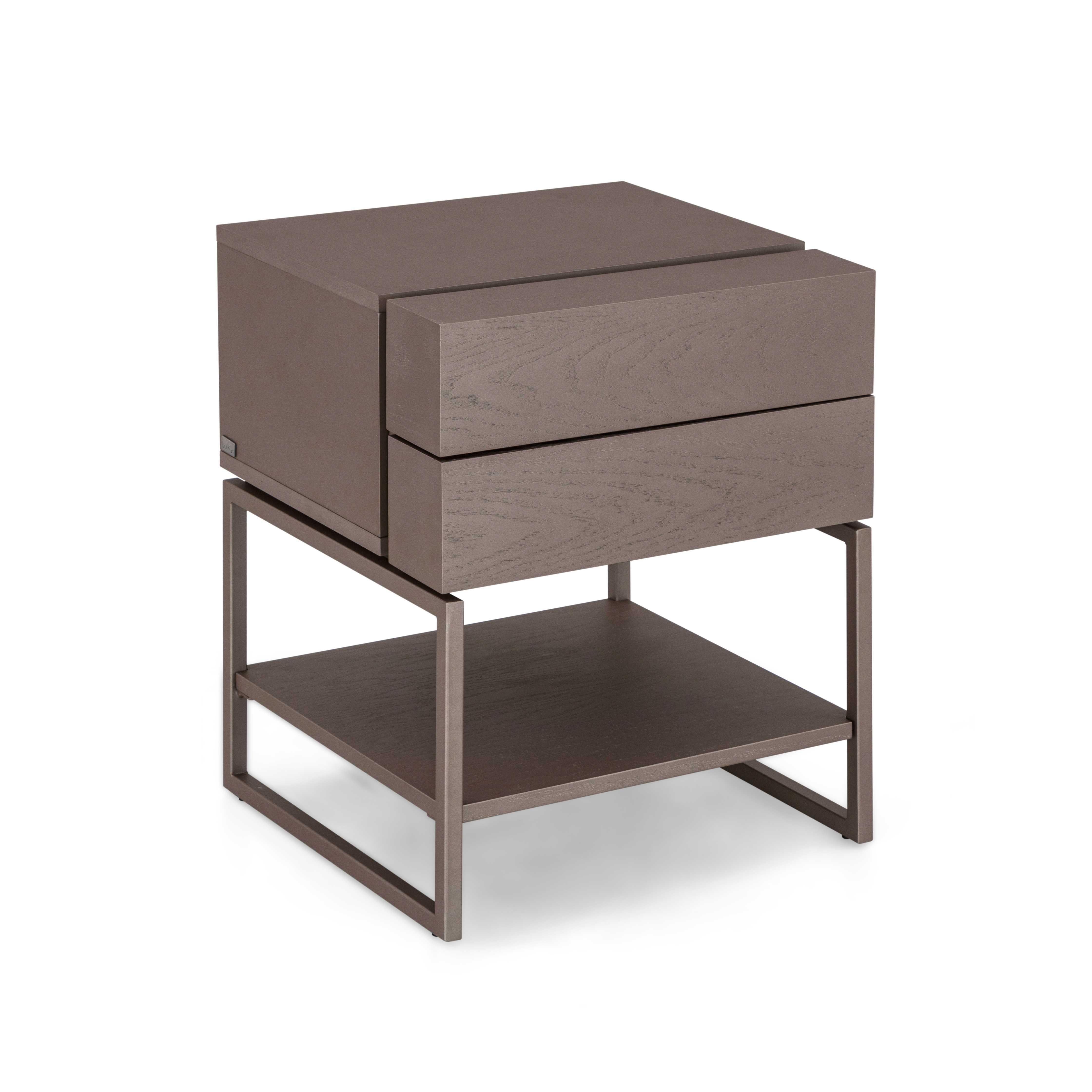 Modern Chocolate Oak Bedside Table with Metal Base and Two Drawers, Tallo Collection For Sale