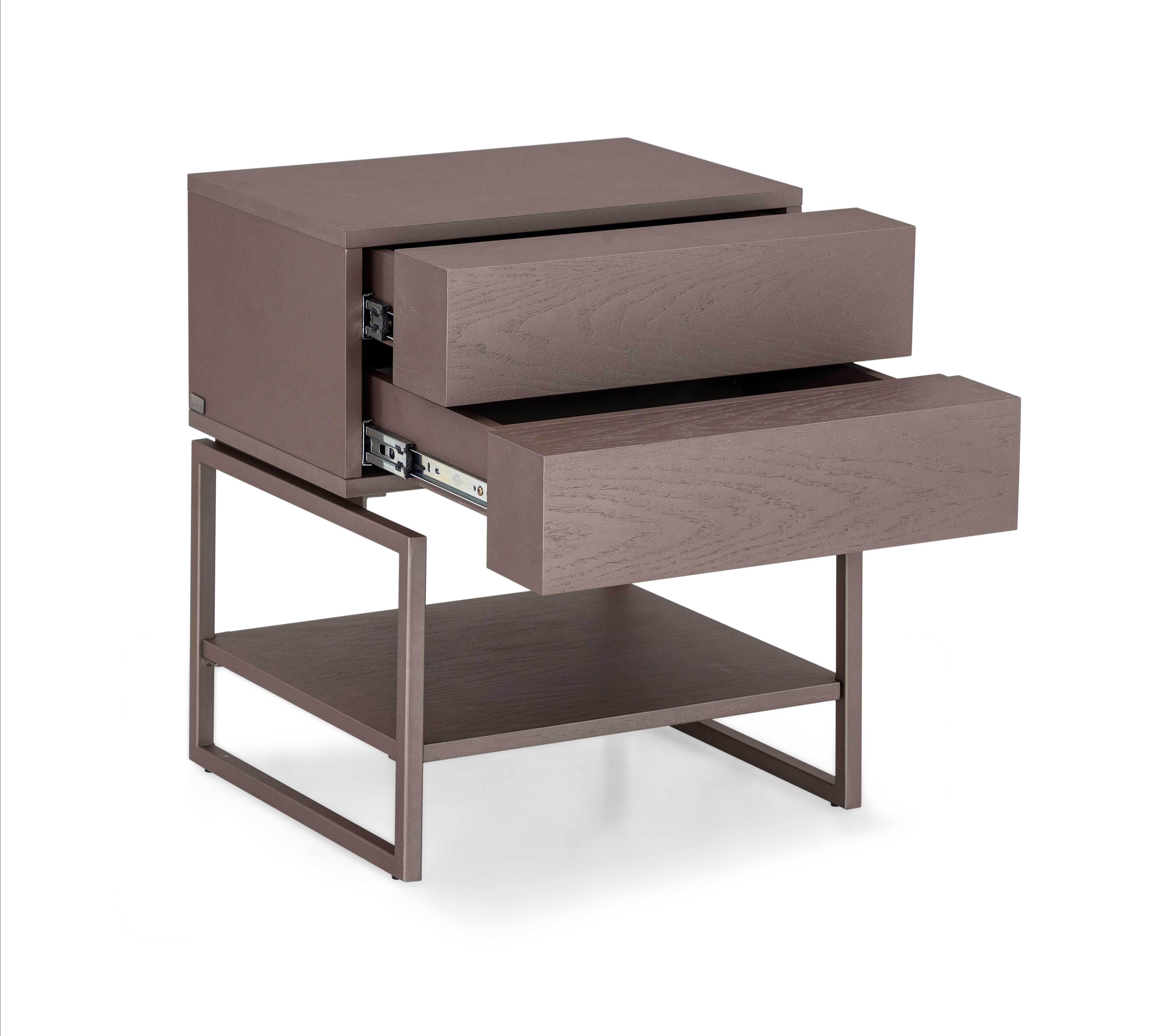 Brazilian Chocolate Oak Bedside Table with Metal Base and Two Drawers, Tallo Collection For Sale