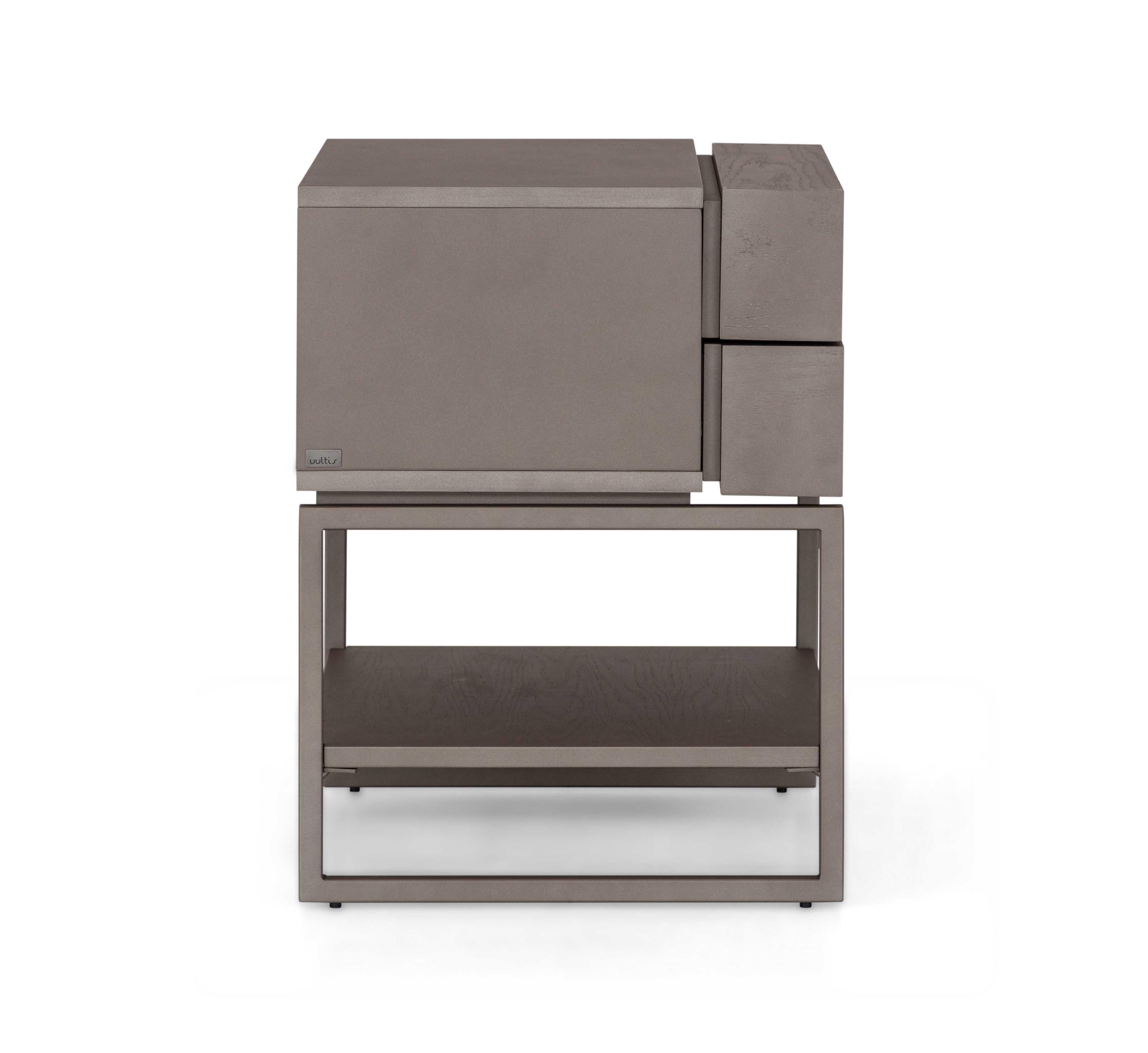 Painted Chocolate Oak Bedside Table with Metal Base and Two Drawers, Tallo Collection For Sale