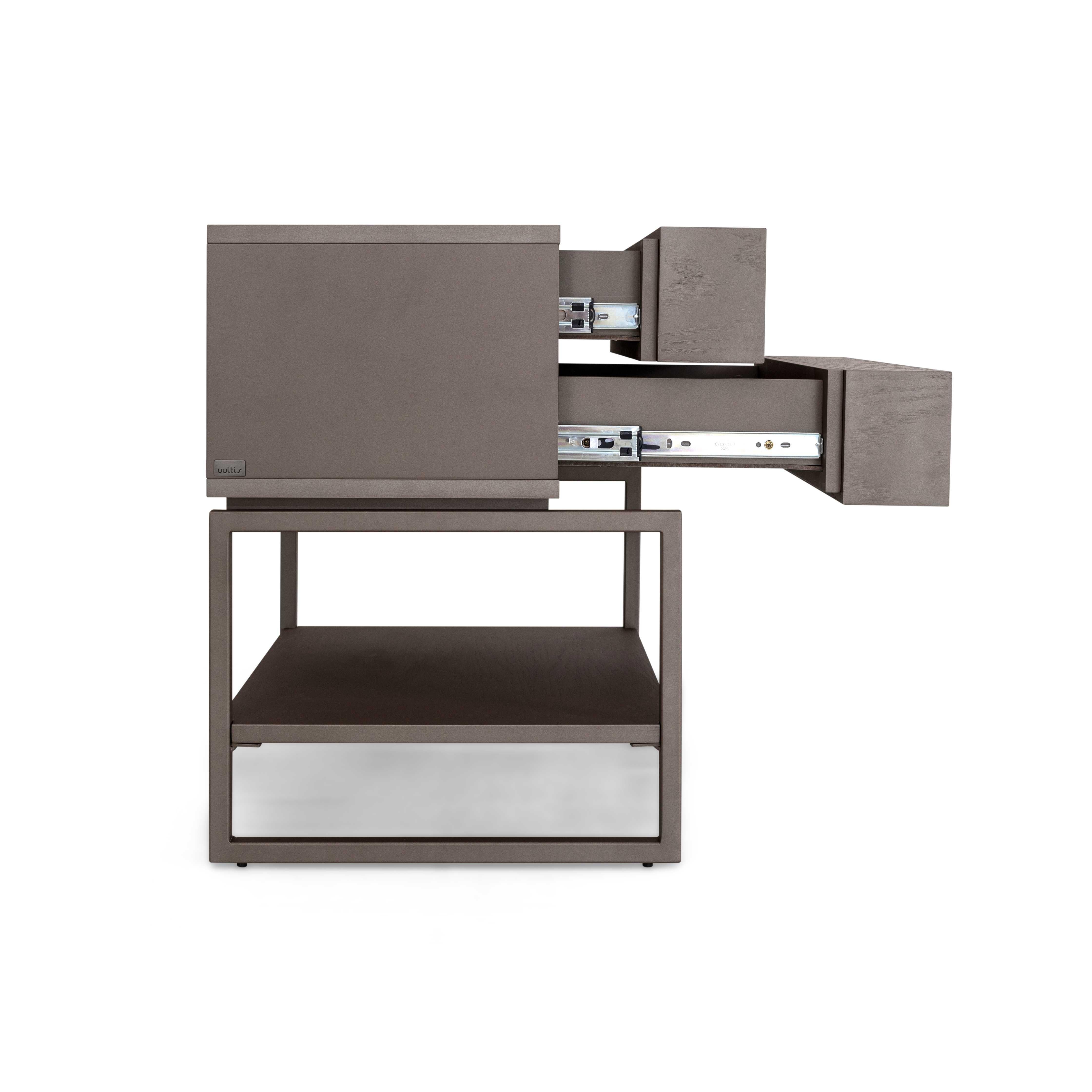 Chocolate Oak Bedside Table with Metal Base and Two Drawers, Tallo Collection In New Condition For Sale In Miami, FL