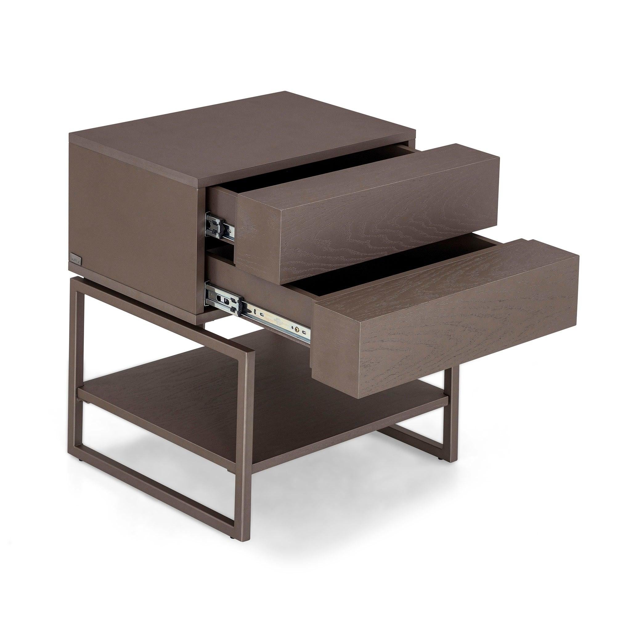 Contemporary Chocolate Oak Bedside Table with Metal Base and Two Drawers, Tallo Collection For Sale