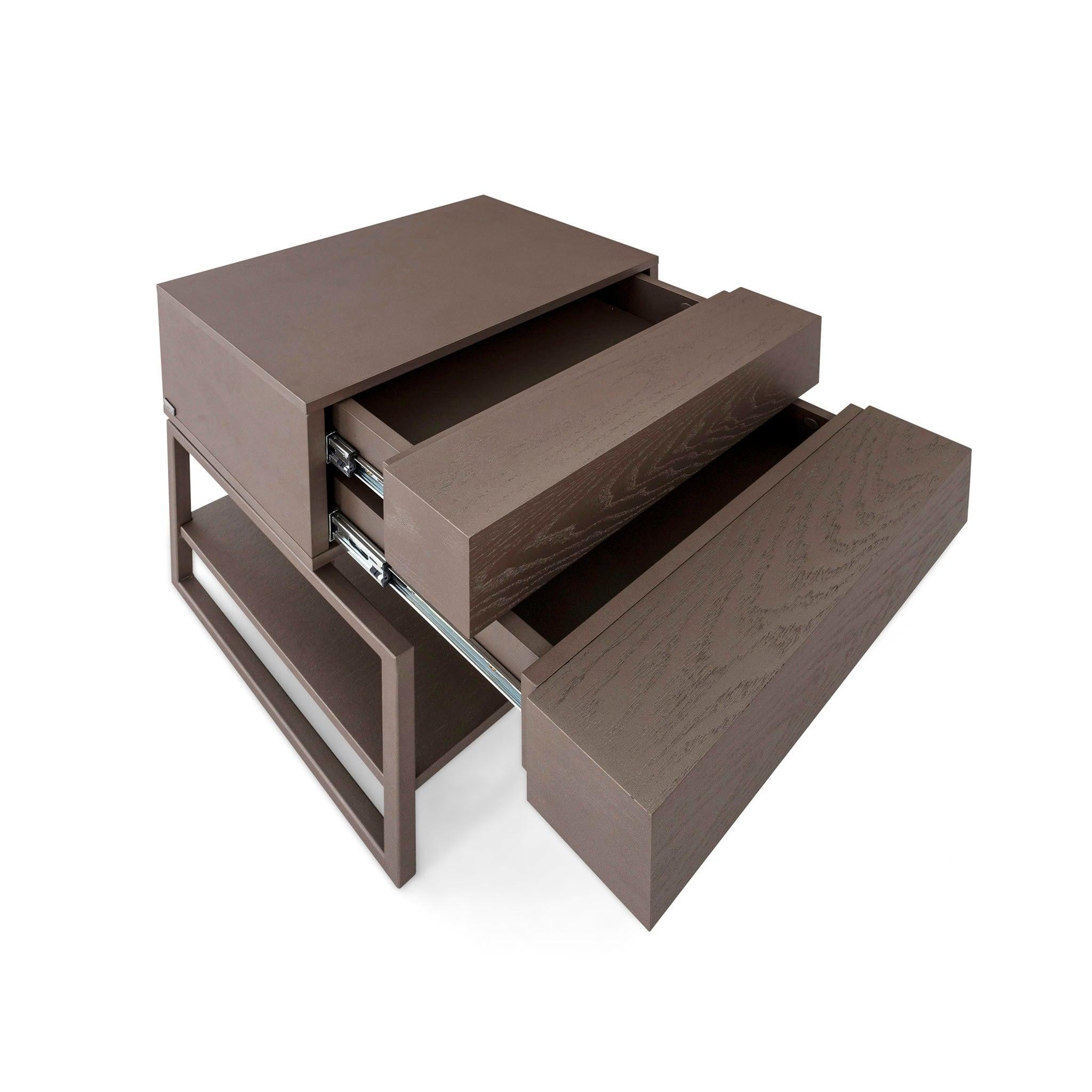 Wood Chocolate Oak Bedside Table with Metal Base and Two Drawers, Tallo Collection For Sale