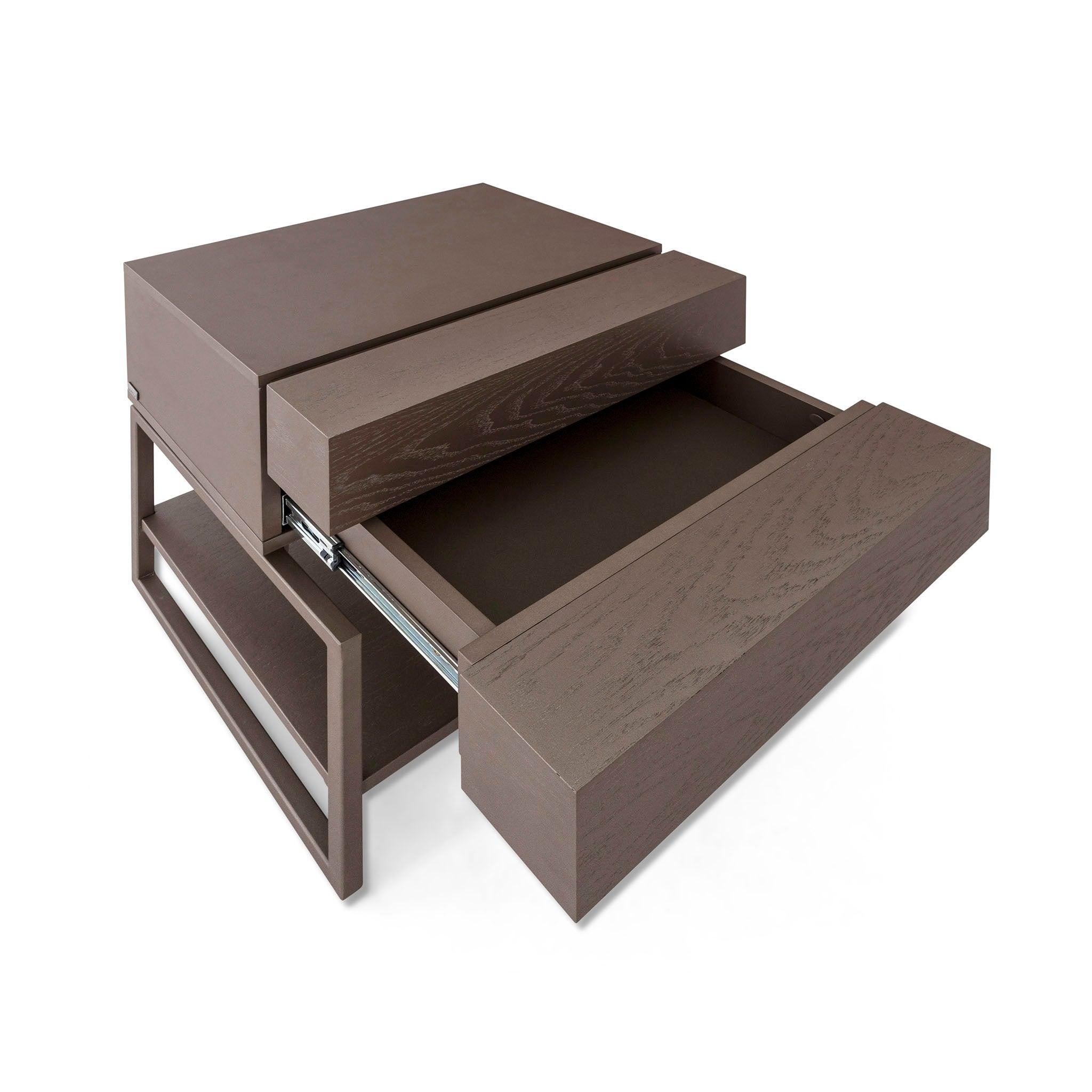 Chocolate Oak Bedside Table with Metal Base and Two Drawers, Tallo Collection For Sale 1