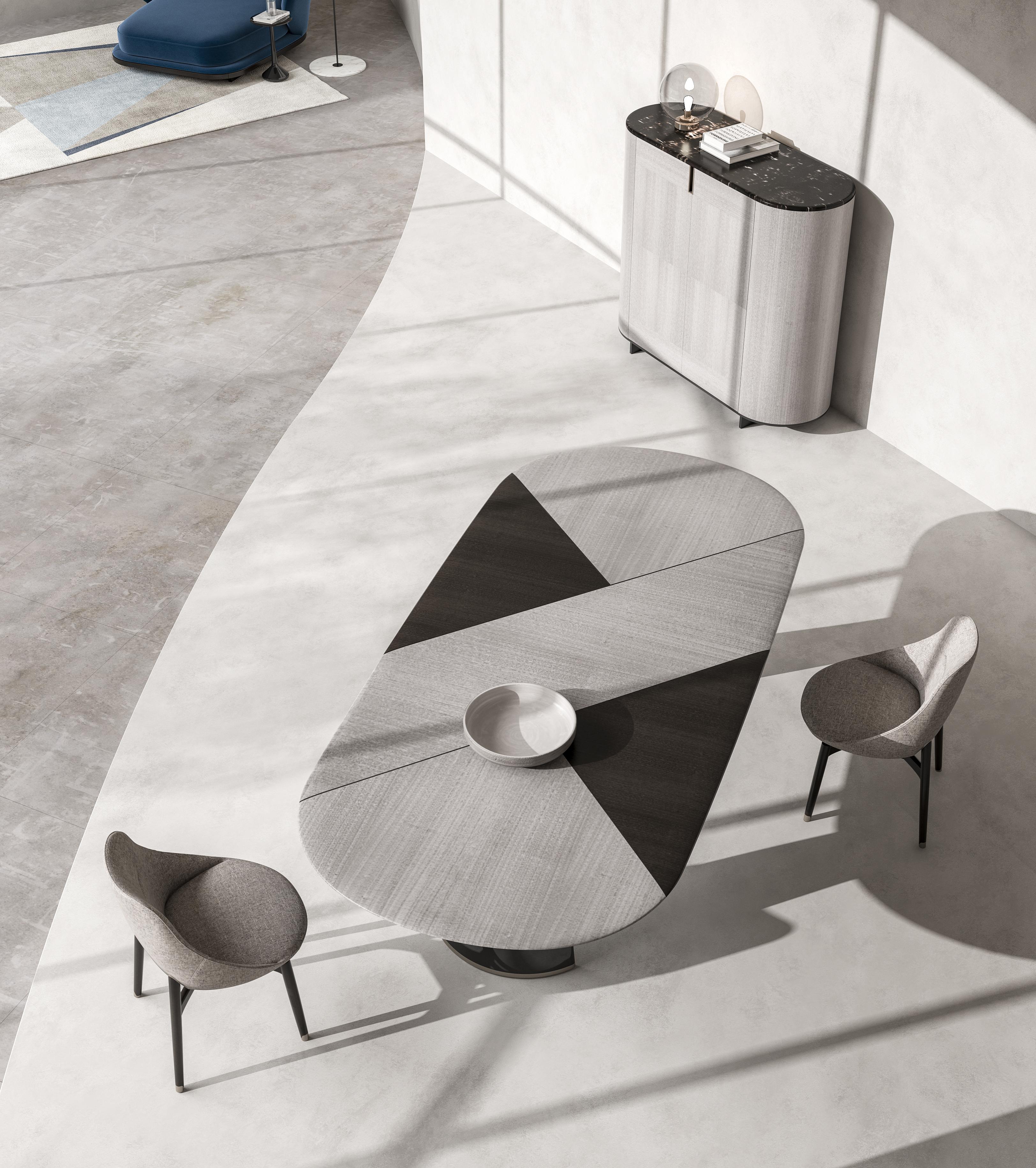 This is a sophisticated rectangular dining table, designed to blend elegance with functionality. The table top can be crafted from wood with decorative inlays or from various types of marble, offering a range of aesthetic and material options to