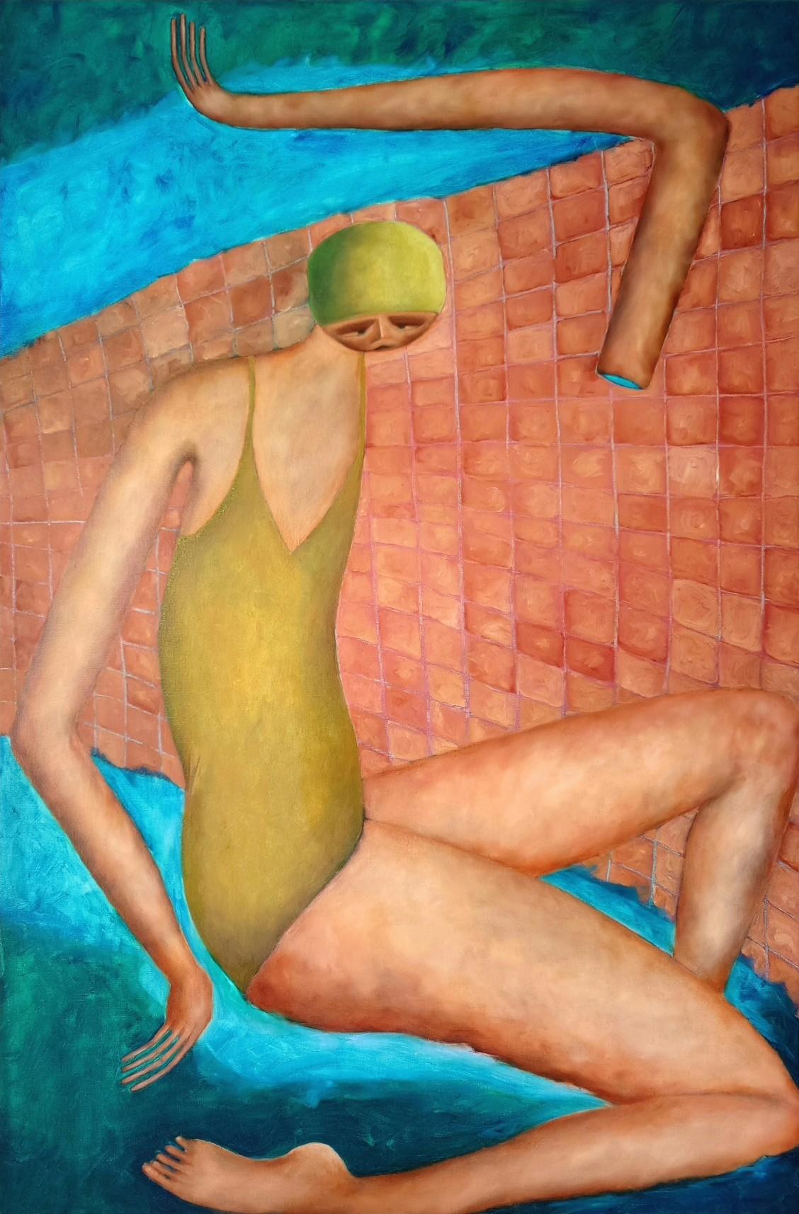 Tam Ess Figurative Painting – „Going for a Swim“ Öl auf Leinwand Figuratives Gemälde