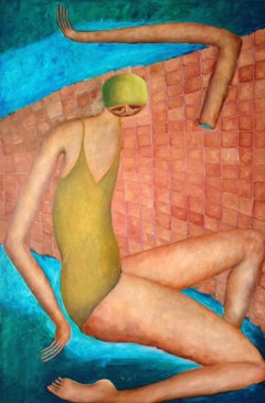 Vintage "Going for a Swim" Oil on Canvas Figurative Painting
