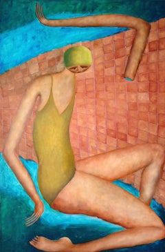Abstract Figurative Oil Painting of Swimmer and Swimming Pool