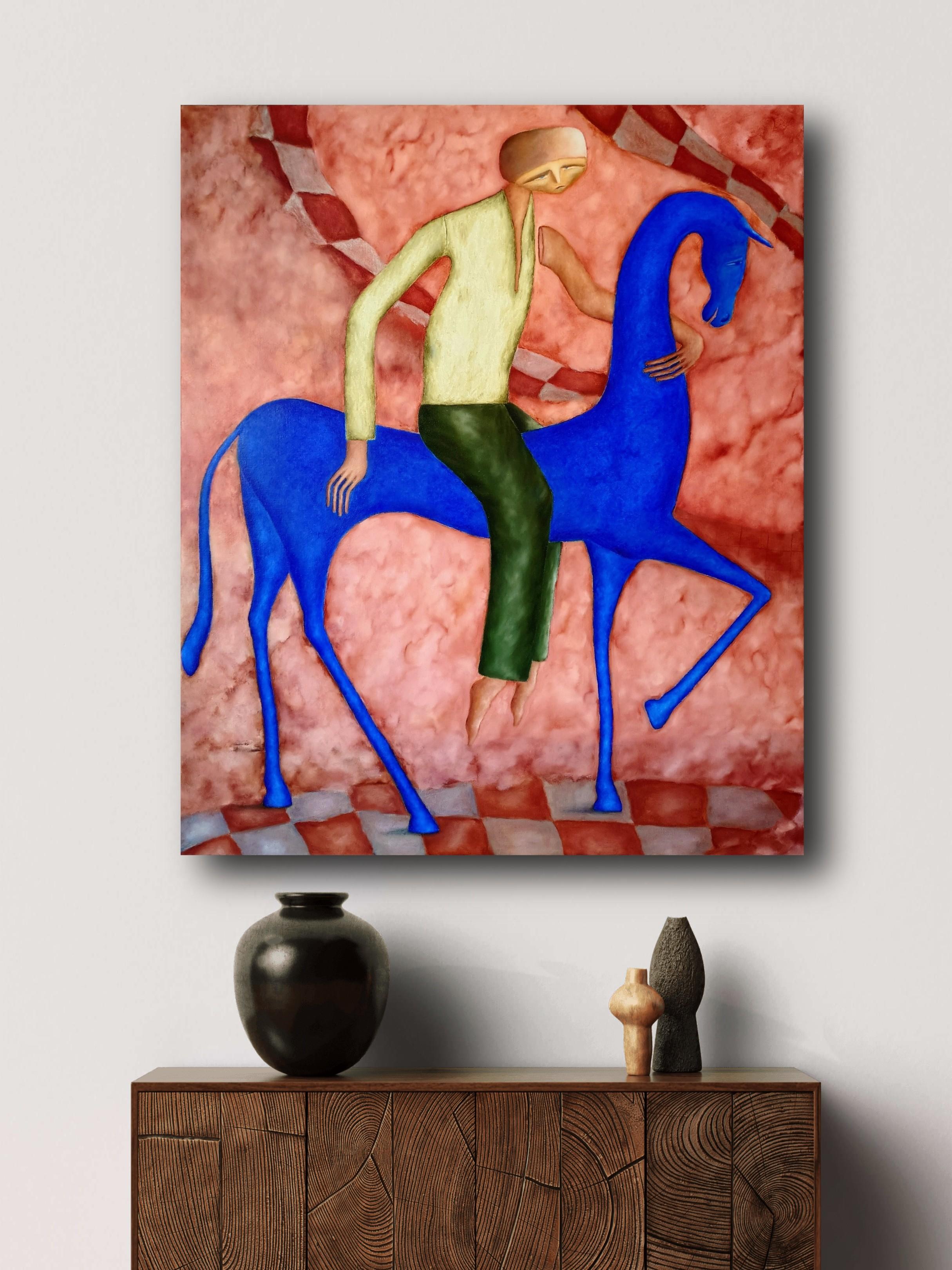 Traveller On A horse - Öl auf Leinwand Figuratives Gemälde (Surrealismus), Painting, von Tam Ess