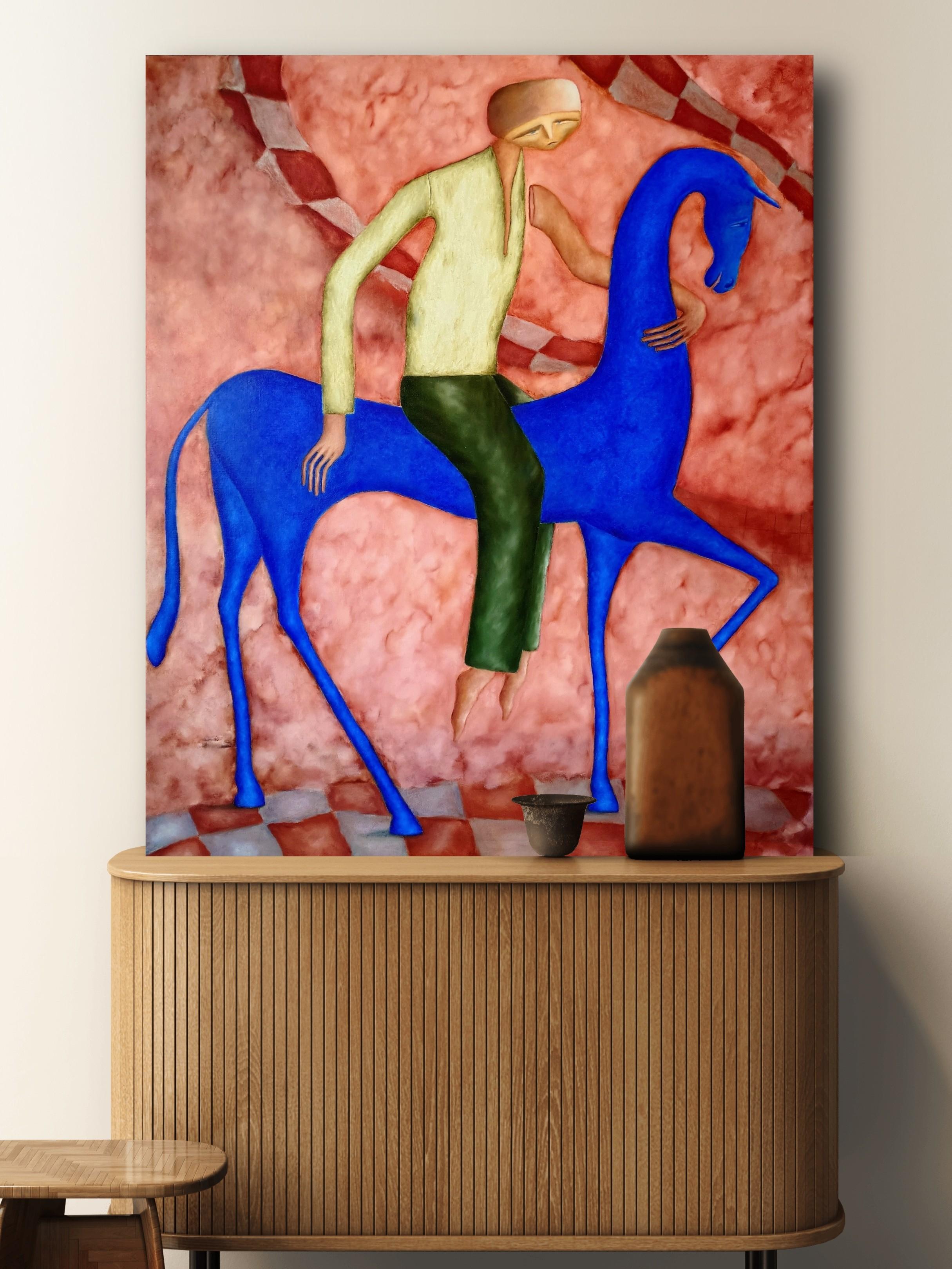 Reisender auf einem Pferd - Öl auf Leinwand Figurative Malerei, 2023
Das Kunstwerk befindet sich auf einem gestützten Holzrahmen. Hängefertig.

Tam Ess malt Ölbilder, die das Unterbewusstsein erforschen und figurativen Surrealismus mit ausgewogenen