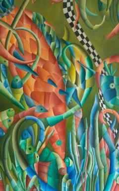 Colourful Surrealist Oil Painting of Fish
