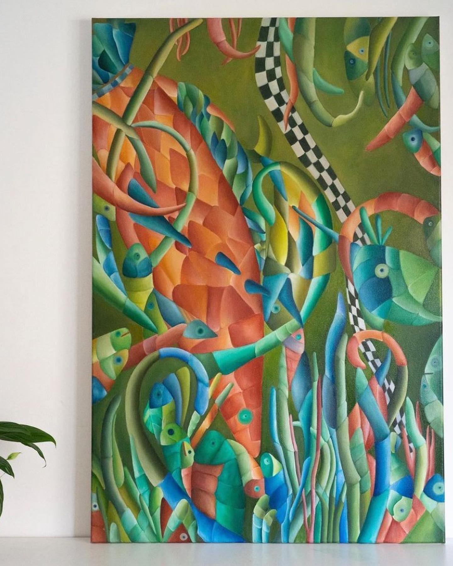 Sea Creatures Frolic - Oil on Canvas Figurative Painting 2022
Artwork is on supported wooden frame. Ready to hang.

