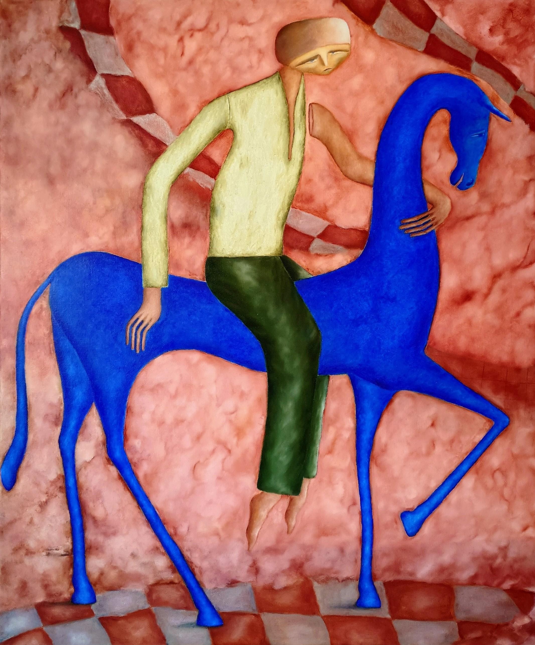 Traveller On A horse - Oil on Canvas Figurative Painting, 2023
Artwork is on supported wooden frame. Ready to hang.

Tam Ess makes oil paintings that explore the subconscious, blending figurative surrealism with balanced compositions that captivate