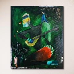 "Unfinished Melody" Contemporary Painting Of A Musician With Guitar and Bird