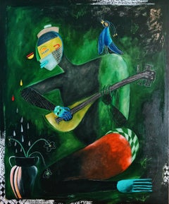 "Unfinished Melody" Contemporary Painting Of A Musician With Guitar and Bird