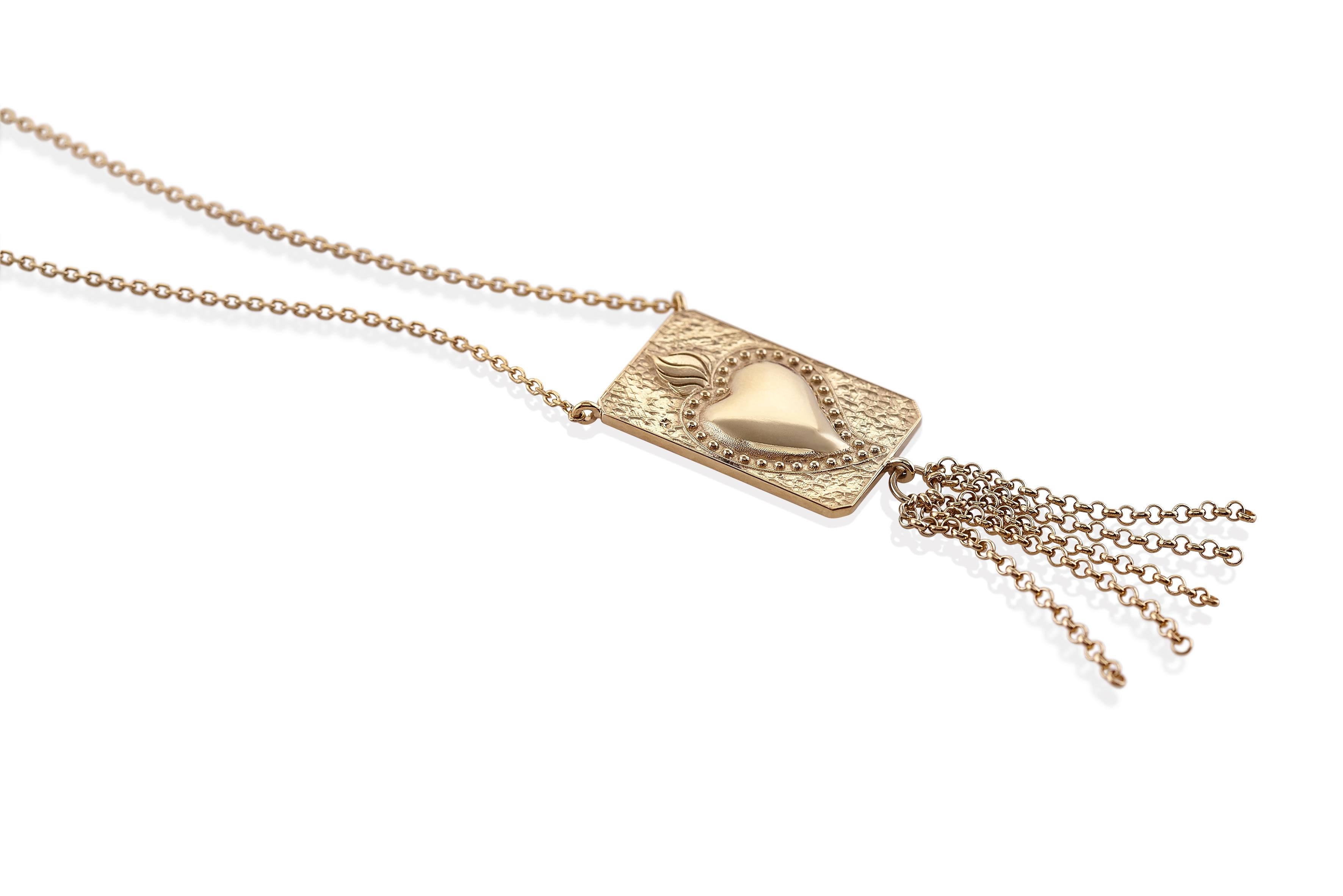 Tama Pendant Necklace with  the Love Burning Sacred Heart, in 14kt Yellow Gold with Tassel
A 