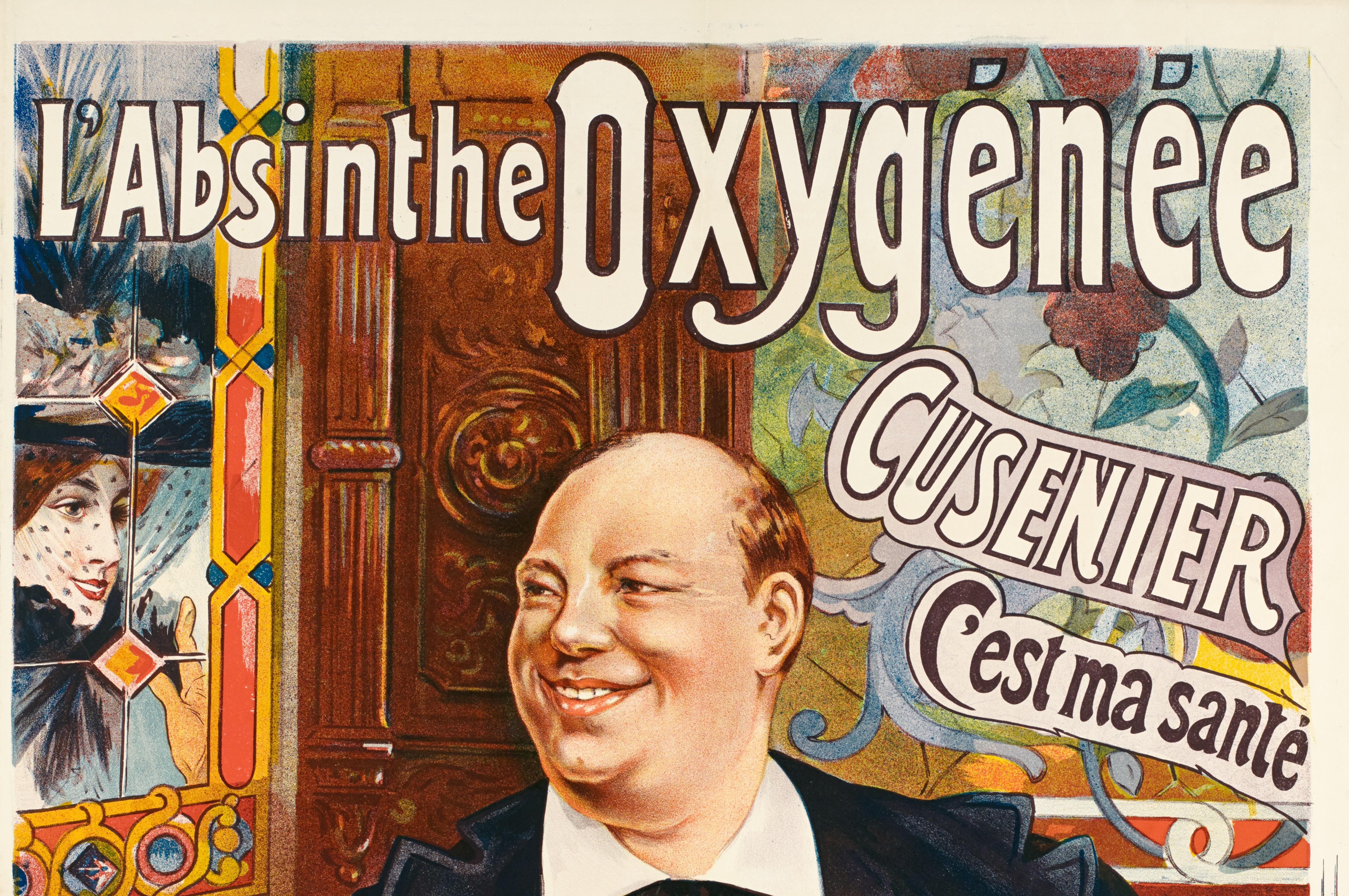 Original Vintage Poster created by Fransisco Tamagno for Absinthe Cusenier advertising in 1896.

Artist: Fransisco Tamagno (1851-1933)
Title: L’Absinthe Cusenier Oxygenée - C’est ma santé
Date: 1896
Size: 25.8 x 34.3 in / 65.5 x 87 cm
Printer