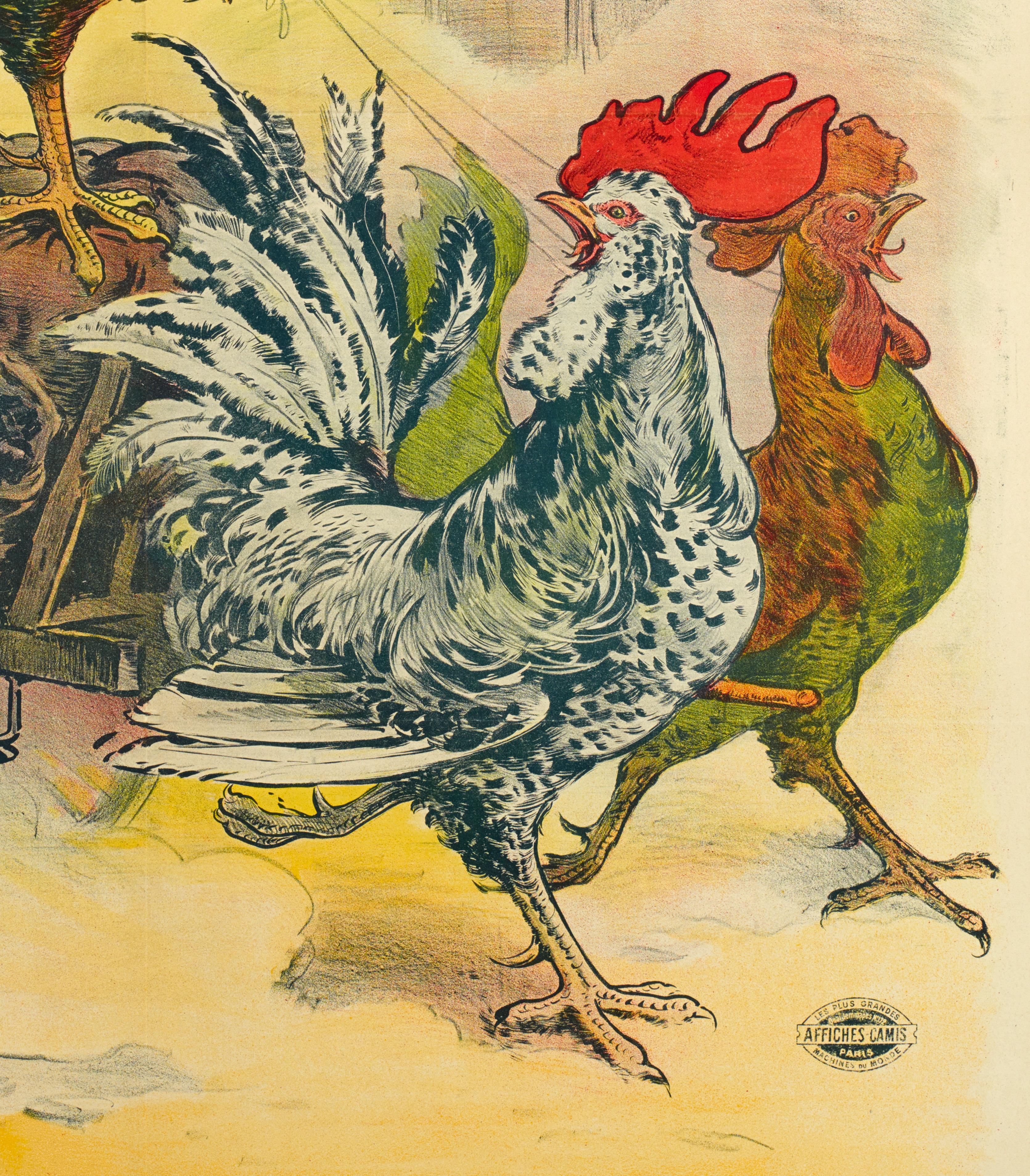 French Tamagno, Original Art Nouveau Poster, Rooster, Gaz, Charcoal, Coke, Chimney 1910 For Sale