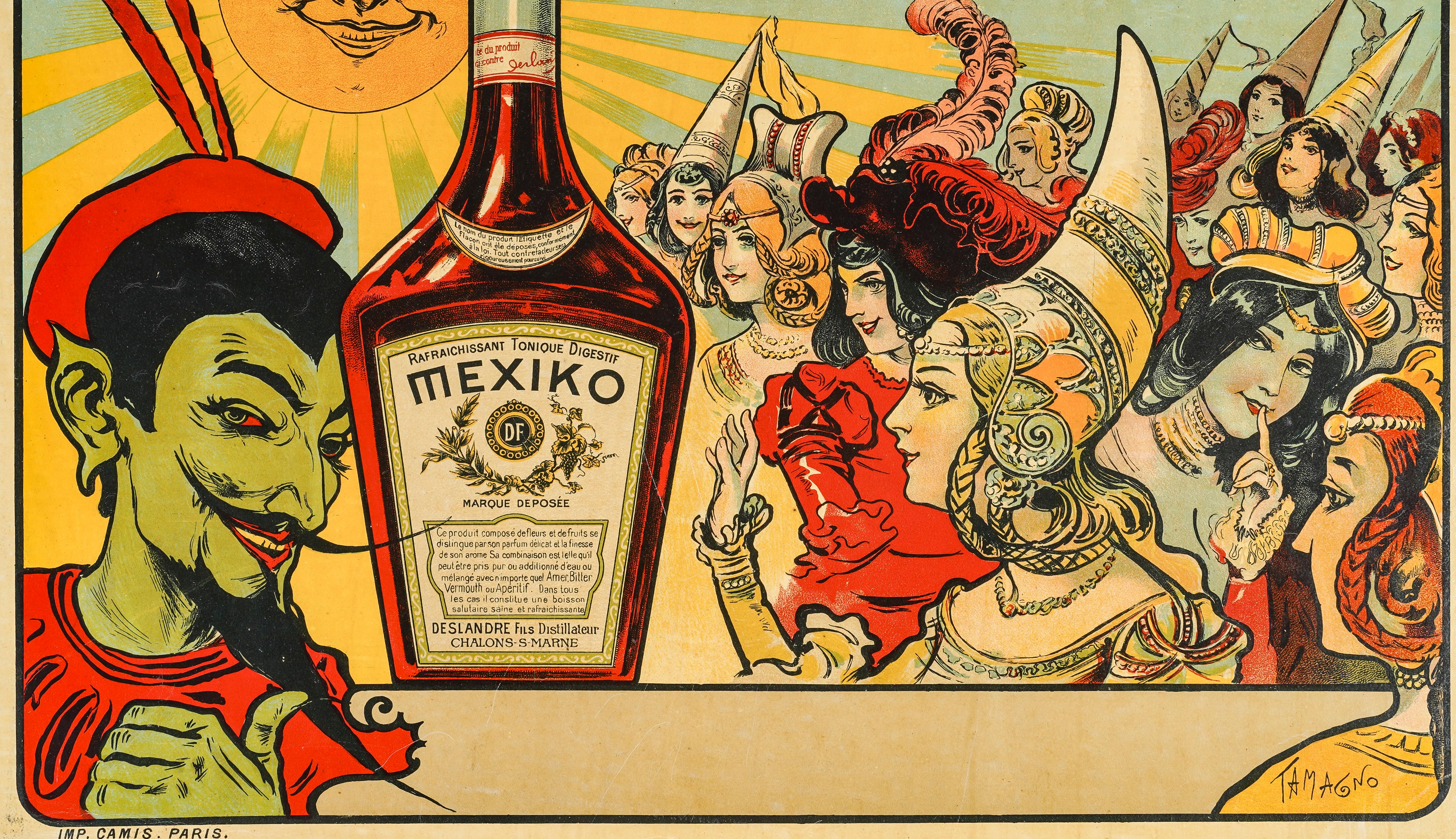 Poster by Fransisco Tamagno dating from 1900 which promotes the Mexiko digestive, distilled by Deslandres Fils in Chalons sur Marne (former name of Chalons en Champagne).

Artist: Fransisco Tamagno (1851-1933)
Title: Mexiko
Date: circa 1900
Size: 