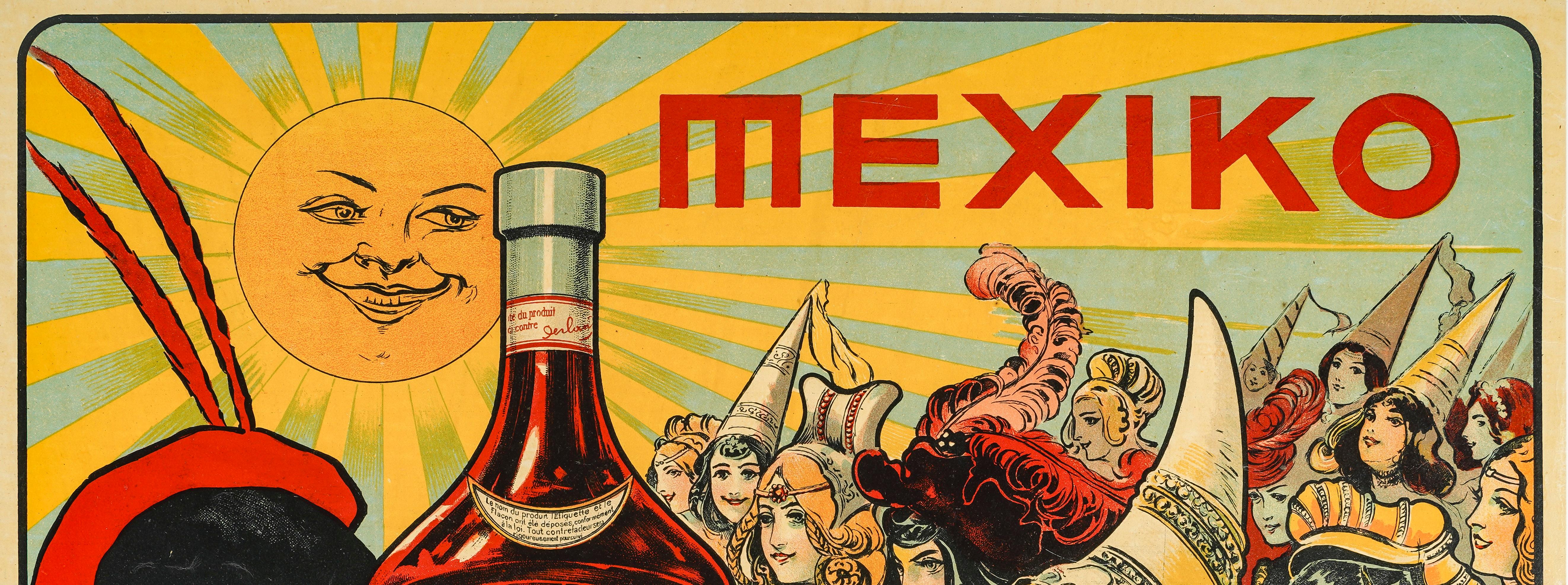 Art Nouveau Tamagno, Original Vintage Poster, Mexiko Alcohol, Devil, Sun, Middle Age, 1900 For Sale