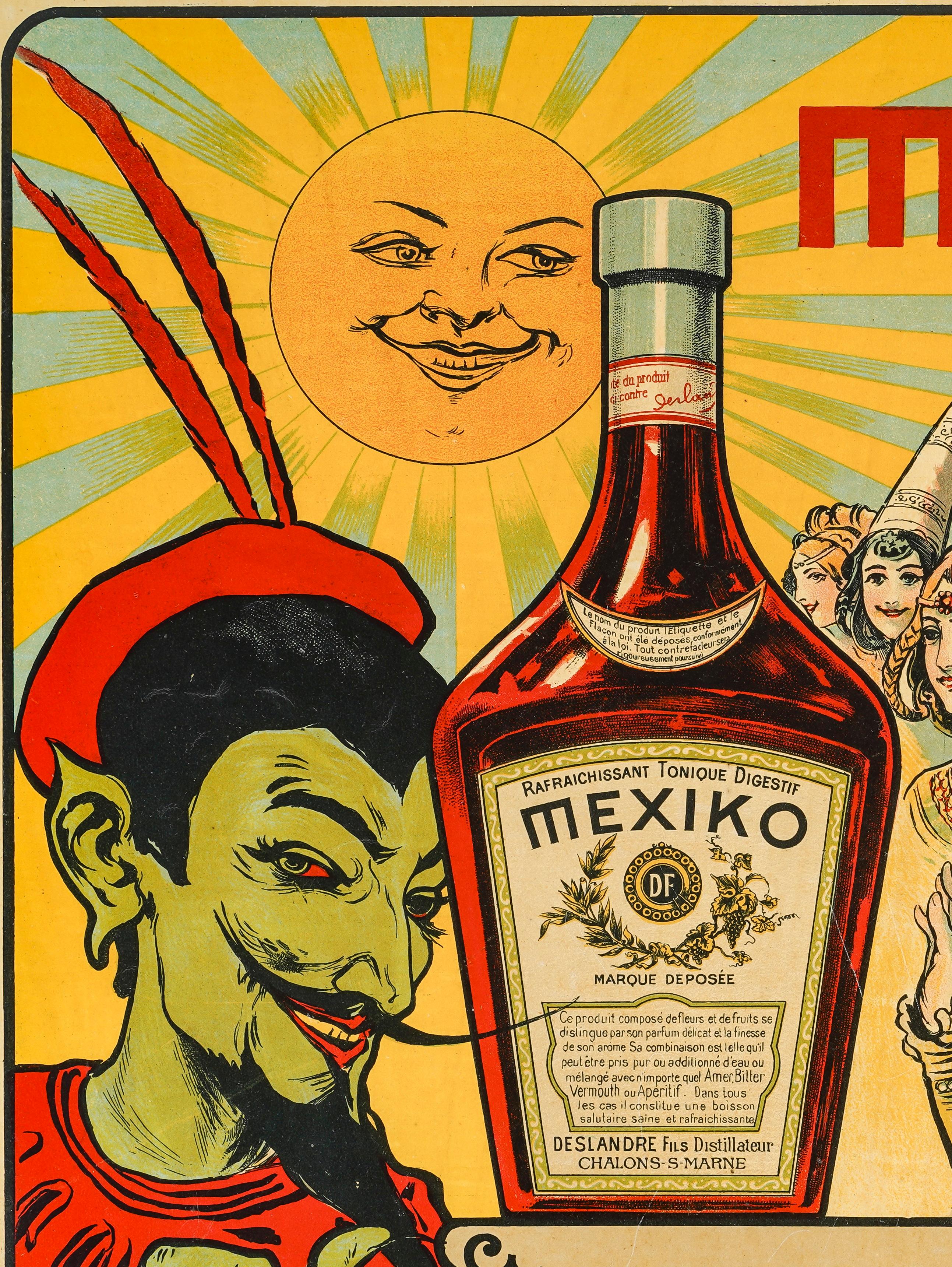 French Tamagno, Original Vintage Poster, Mexiko Alcohol, Devil, Sun, Middle Age, 1900 For Sale