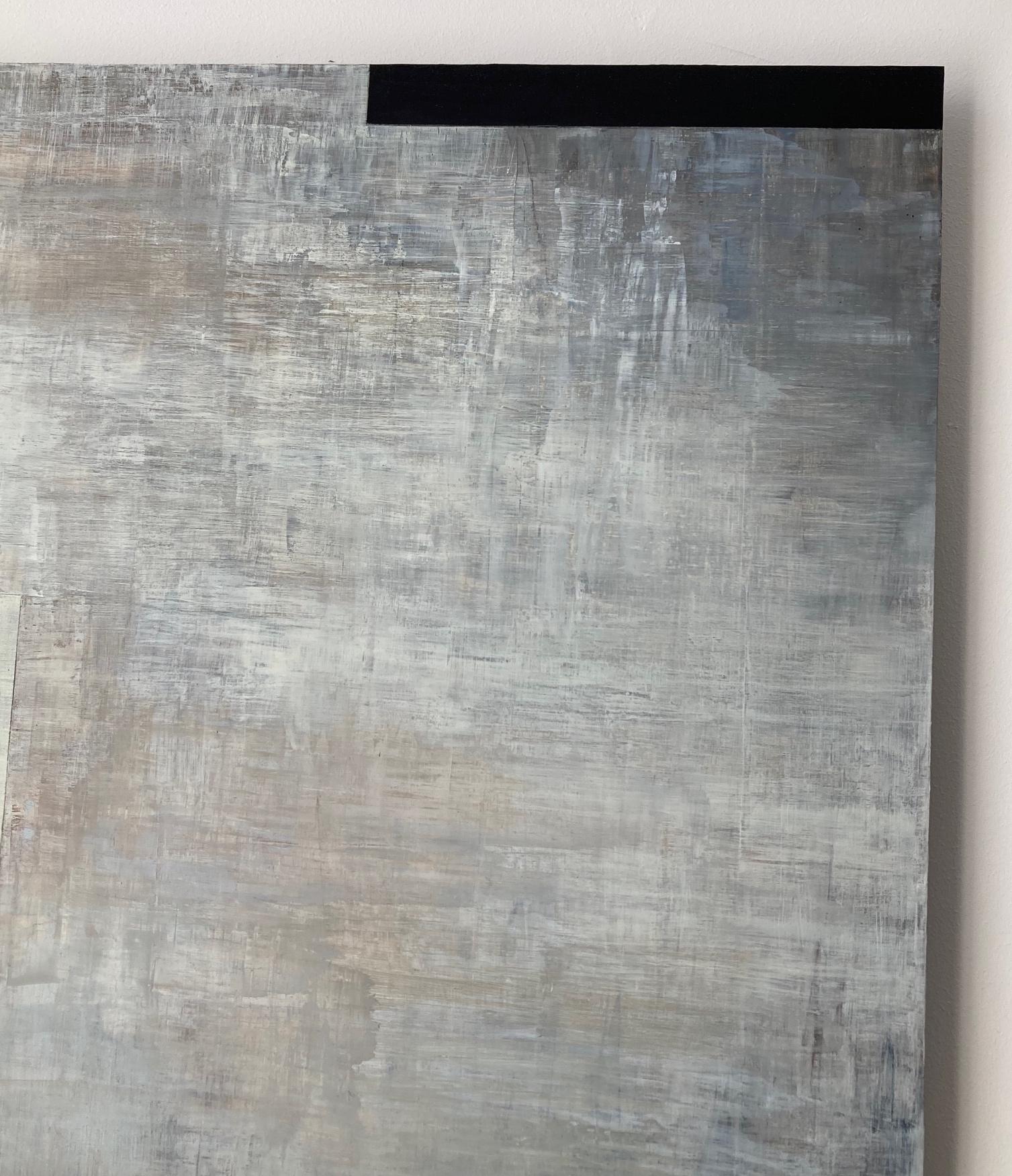 At the still point 4, atmospheric geometriic abstract in neutrals - Gray Abstract Painting by Tamar Zinn