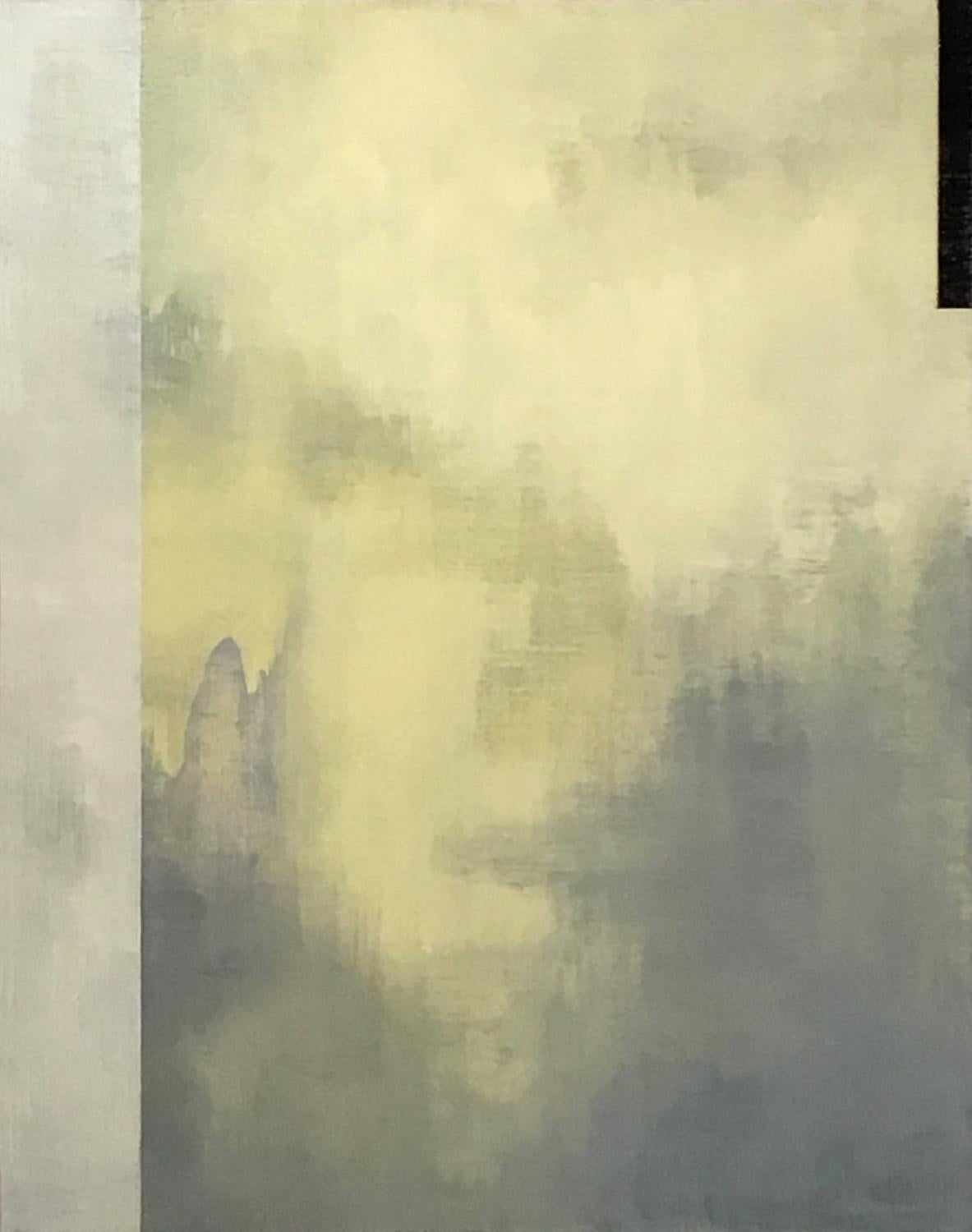 Tamar Zinn Abstract Painting - At the still point 40, atmospheric yellow and gray abstract with geometric forms
