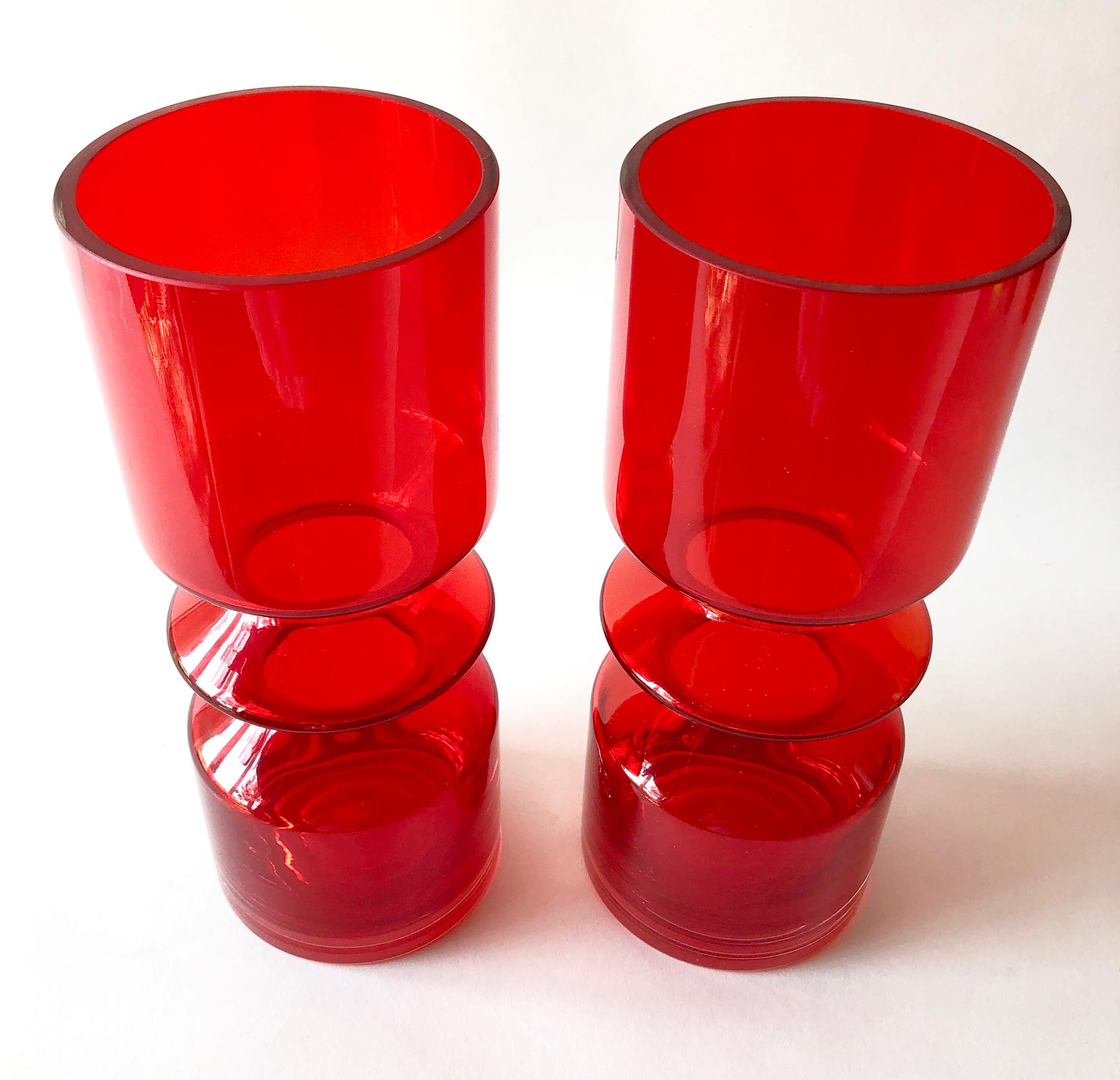 Striking pair of glass vases created by Finnish glass designer, Tamara Aladin for Rihimaki Lasi. Vases measure 12