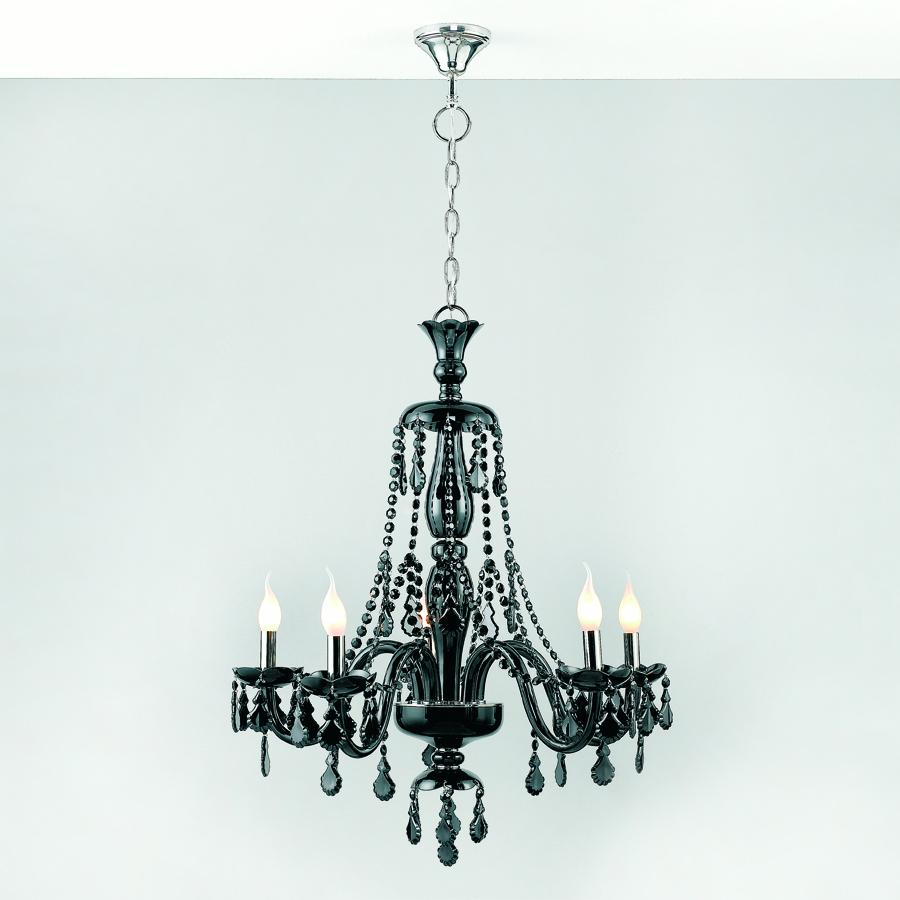 Lustre Tamara noir avec structure en laiton en nickel
et avec un corps en verre noir soufflé à la main. Avec 5 ampoules,
support de lampe type E14, max 40watt. Ampoules non incluses.