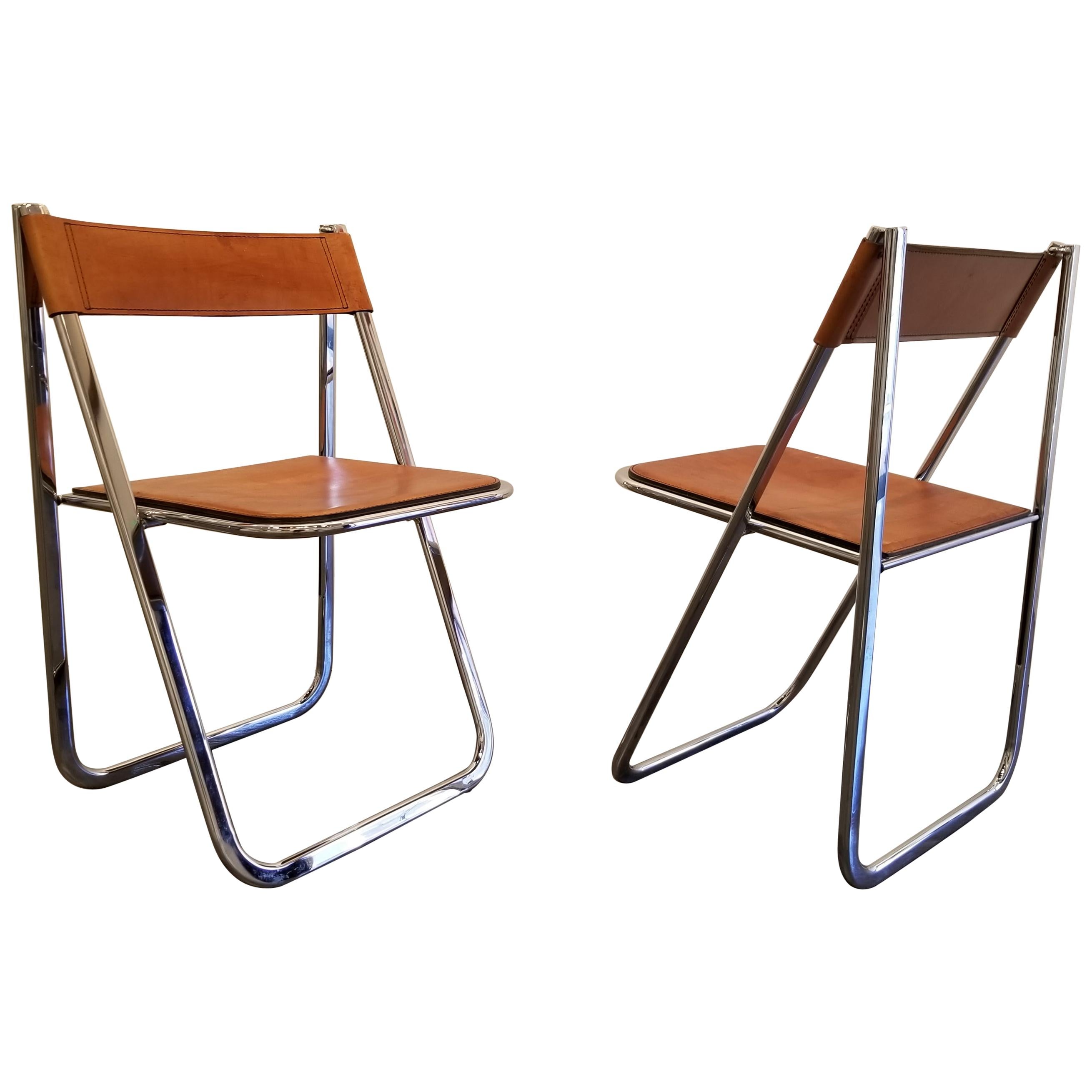 Tamara by Arrben Mid-Century Modern Chrome and Leather Folding Chairs, a Pair