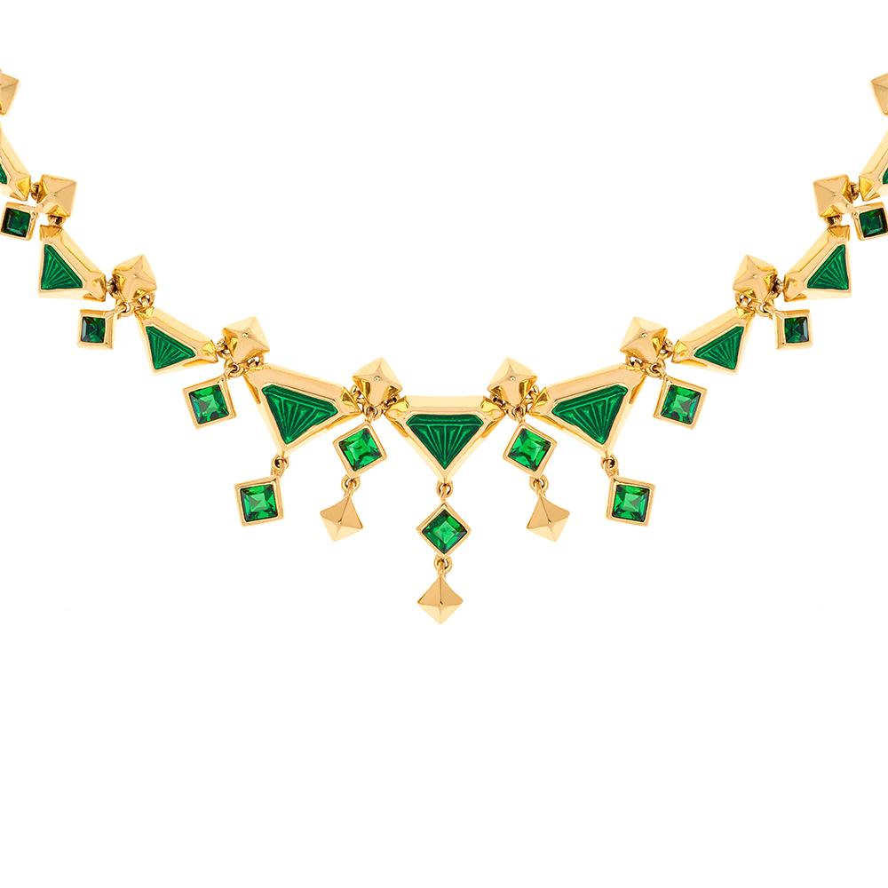 Tamara Emerald Crystal and Enamel & Gold Stainless Steel Art Deco Necklace In New Condition For Sale In London, GB