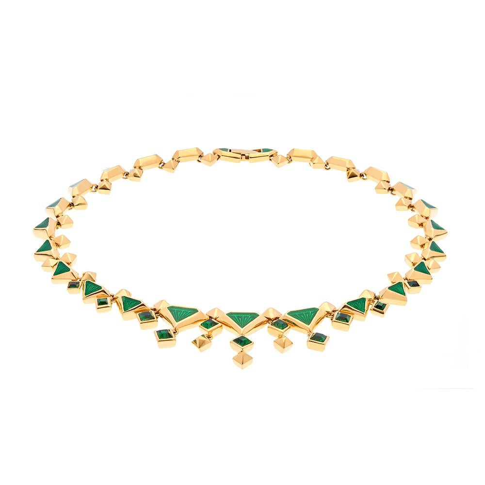 Women's Tamara Emerald Crystal and Enamel & Gold Stainless Steel Art Deco Necklace For Sale