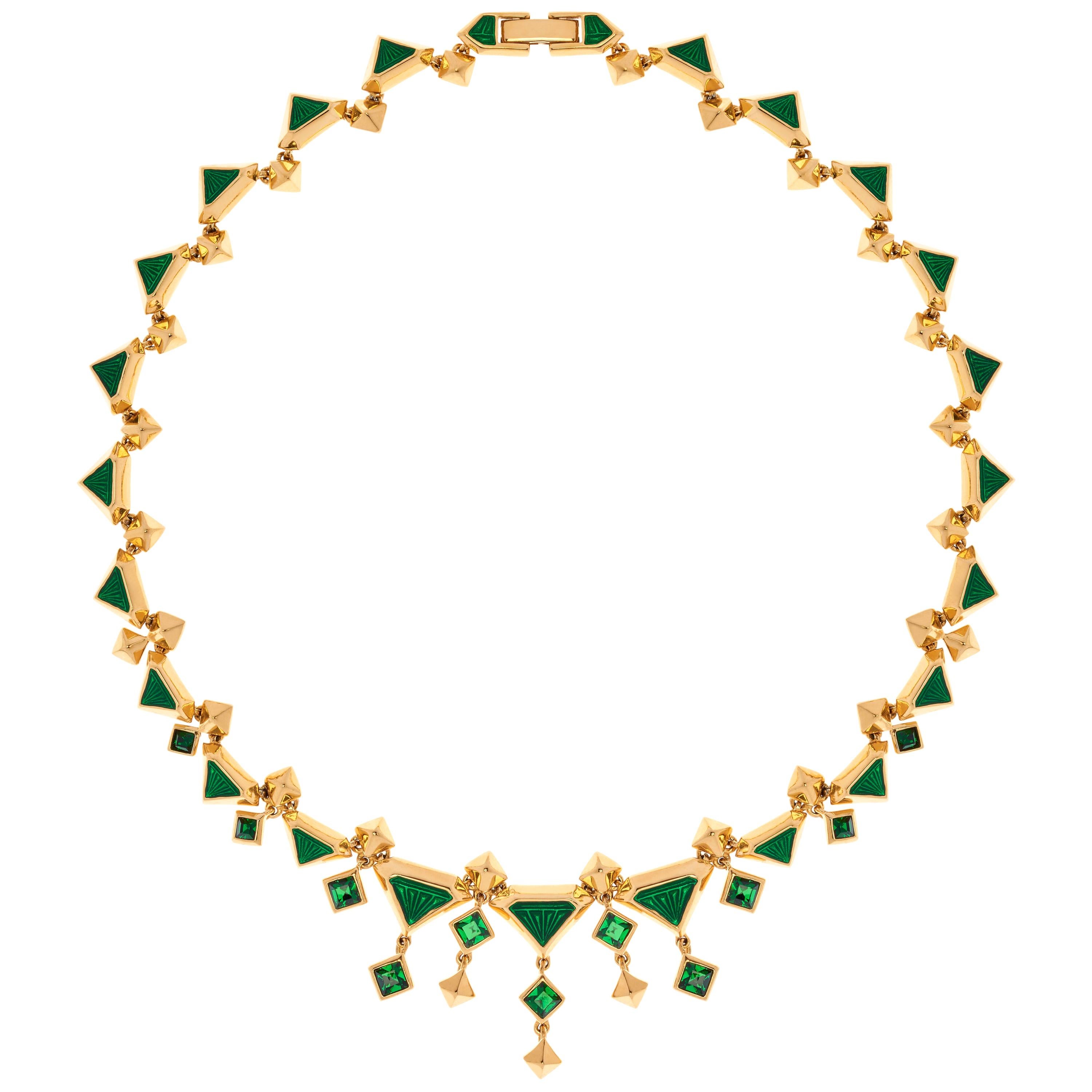 Tamara Emerald Crystal and Enamel & Gold Stainless Steel Art Deco Necklace For Sale