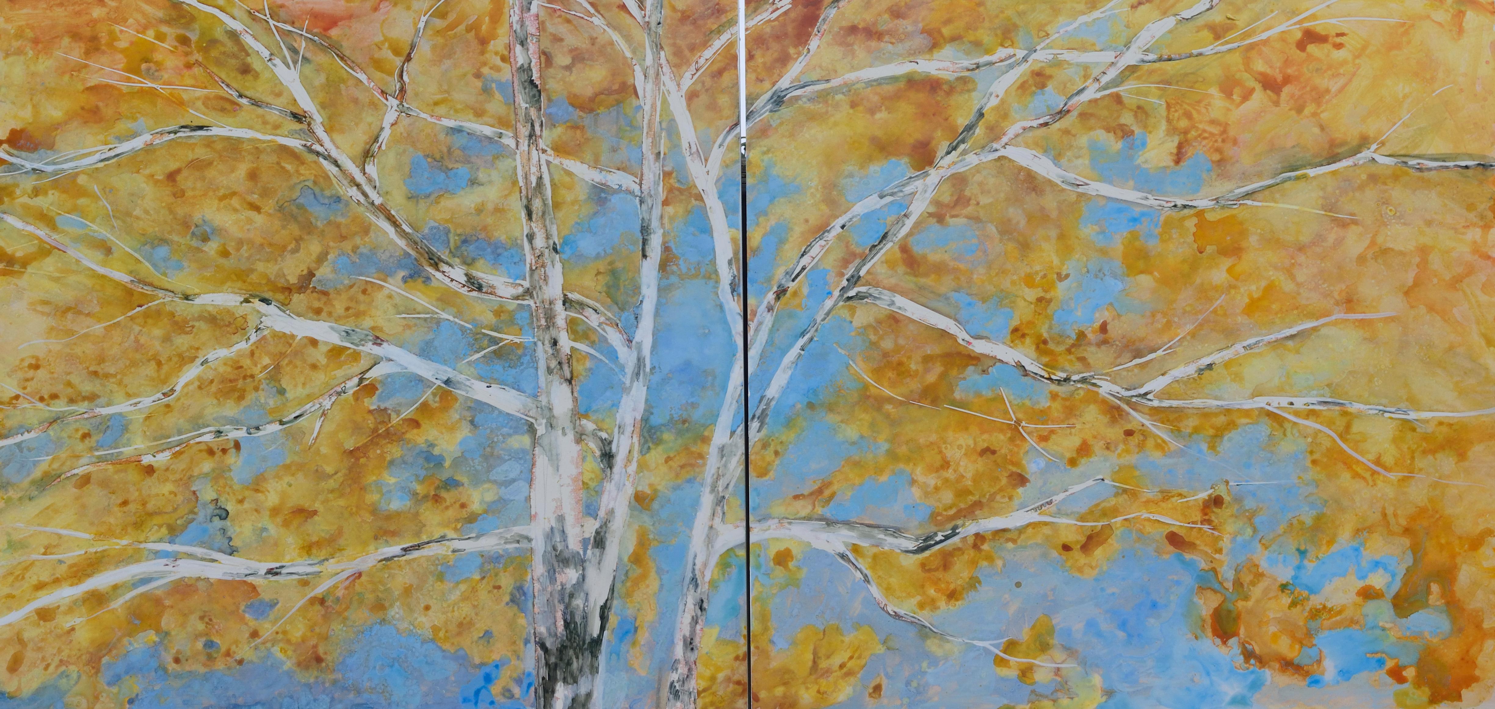 Tamara Gonda Landscape Painting – Sara, Original Diptychon-Landschaftsgemälde auf Täfelung, 2021