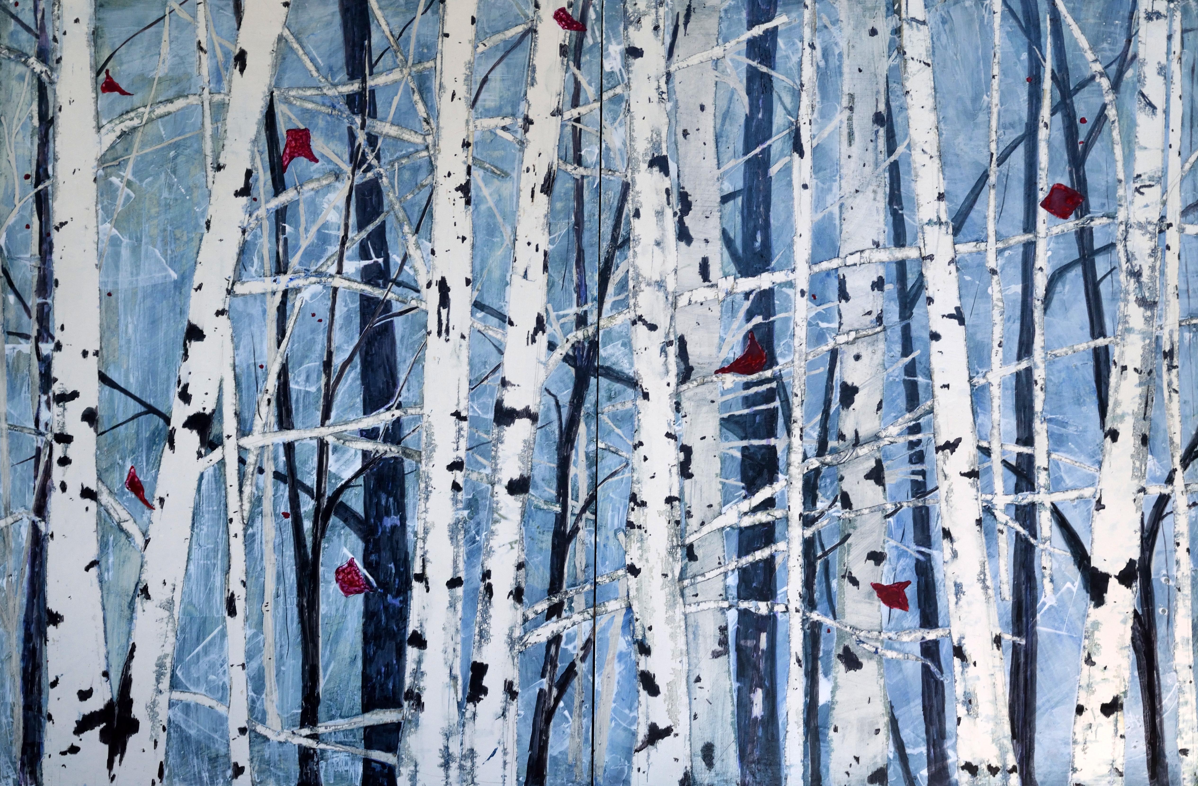 Tamara Gonda Landscape Painting - Song Walking, Original Contemporary Blue and White Mixed Media Diptych Painting