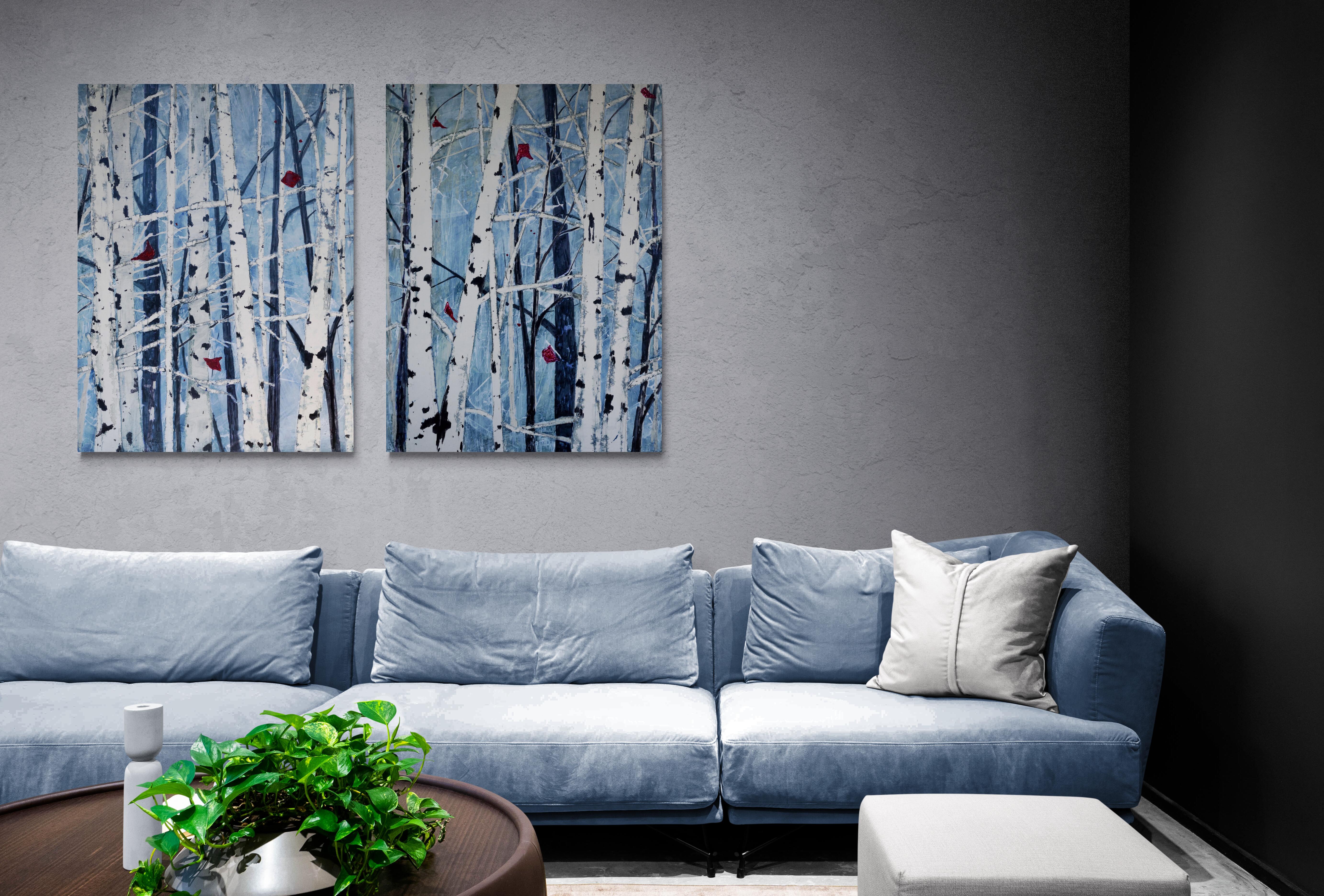 Song Walking, Original Contemporary Blue and White Mixed Media Diptych Painting For Sale 2