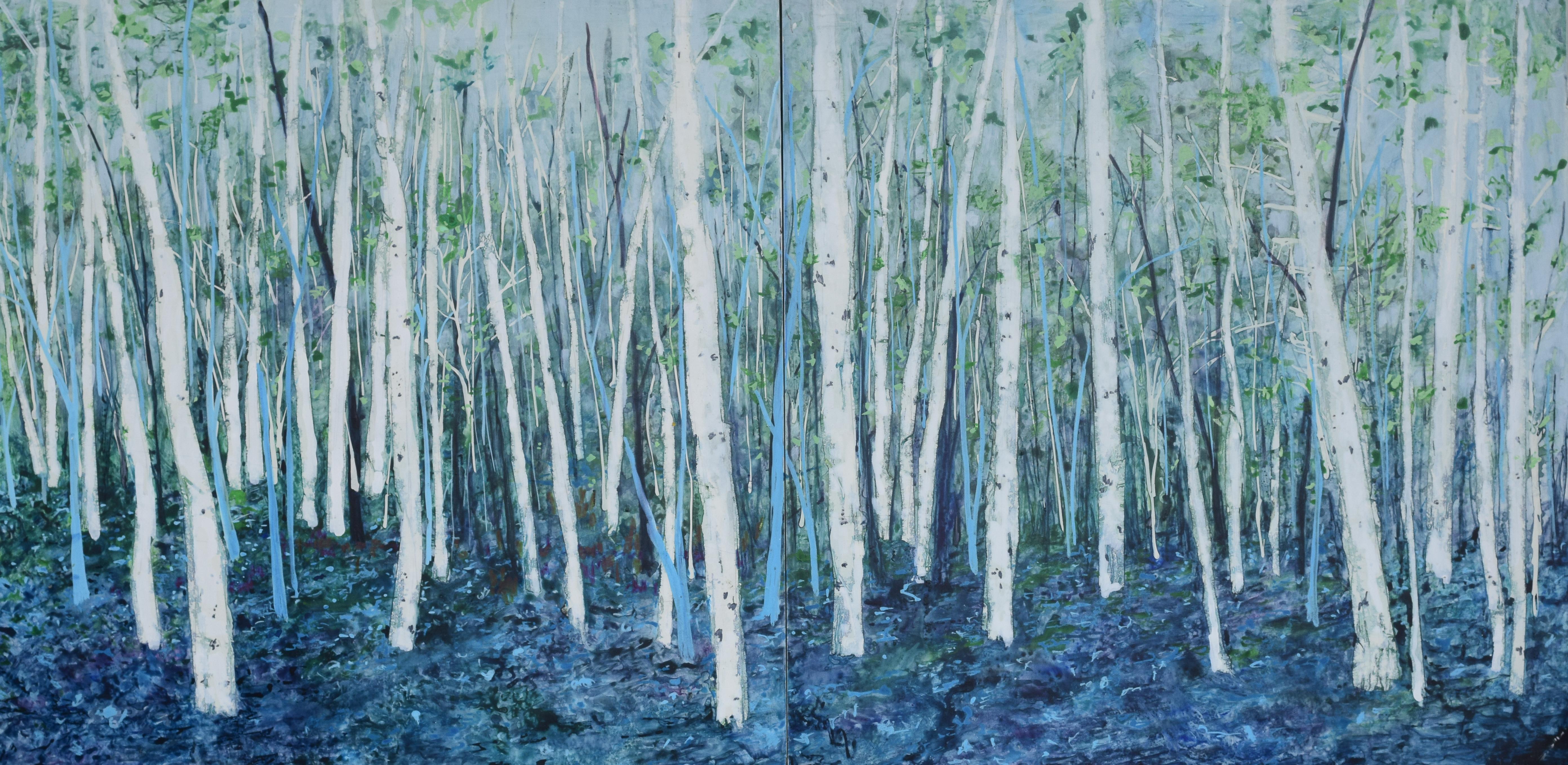 Landscape Painting de Tamara Gonda - Hora incierta - Díptico Pintura de Abedul Blanco en Técnica Mixta