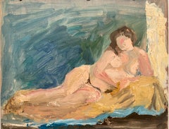 1960s "Laying with Yellow Blanket" Mid Century Female Nude Painting