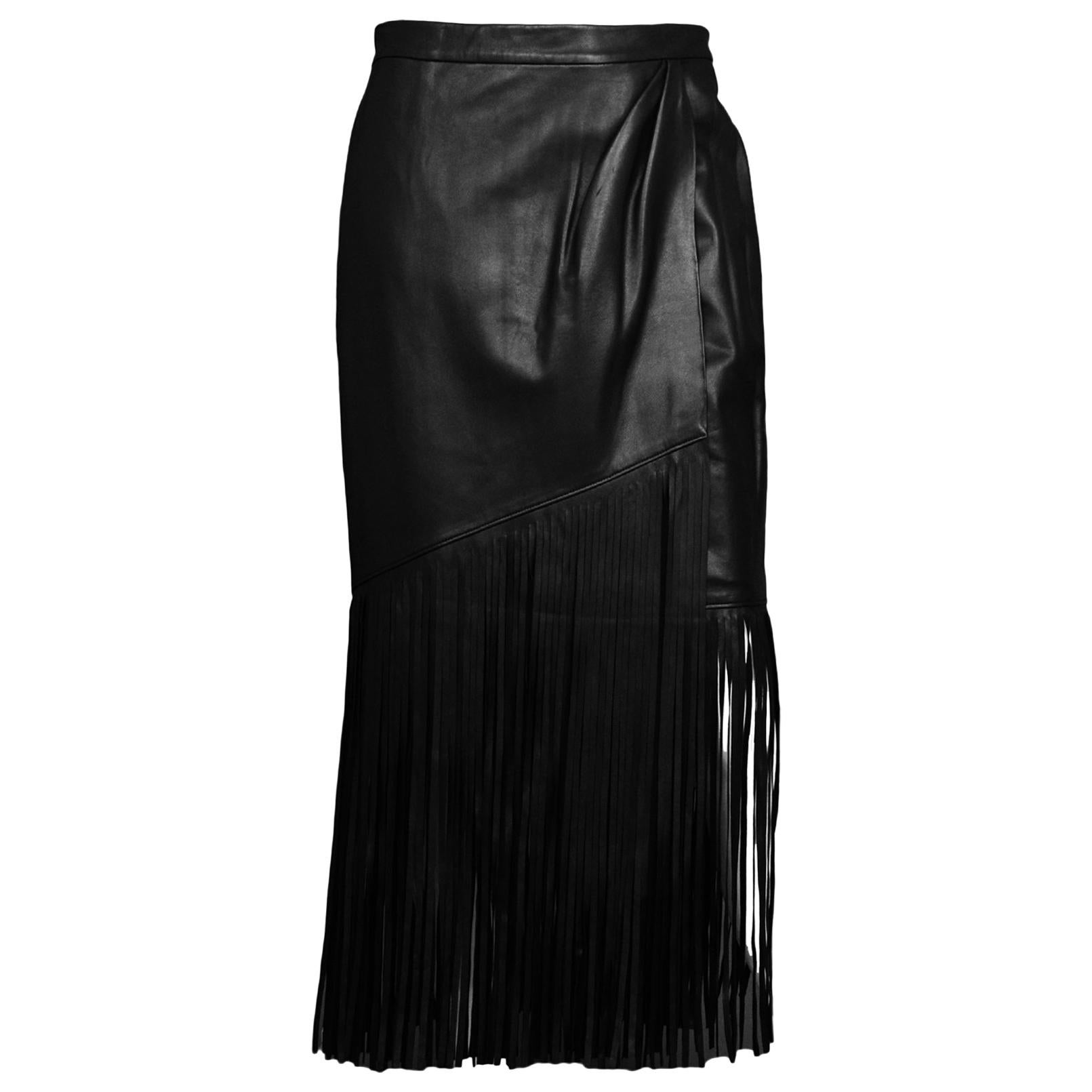Tamara Mellon Black Leather Fringe Skirt NWT Sz 10