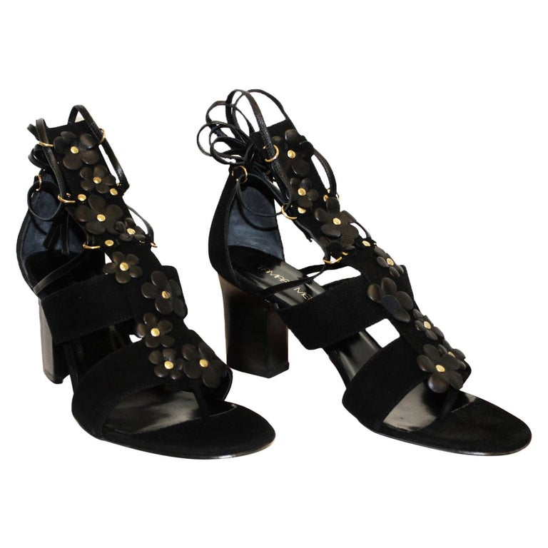Tamara Mellon Black Suede Gladiator Sandals With Suede Flower Decorations For Sale at 1stDibs