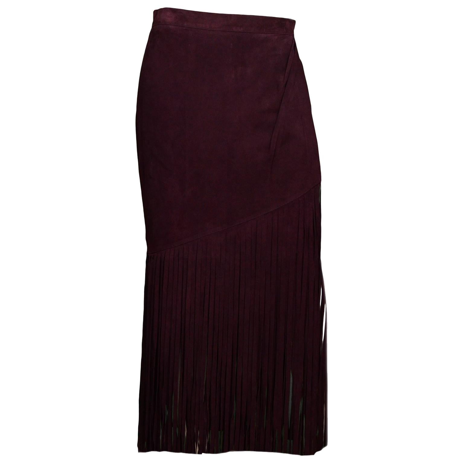 Tamara Mellon Burgundy Suede Fringe Skirt Sz 12 rt. $995