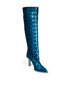 Tamara Mellon Teal Velvet Geometric Knee High Boots Size IT 40