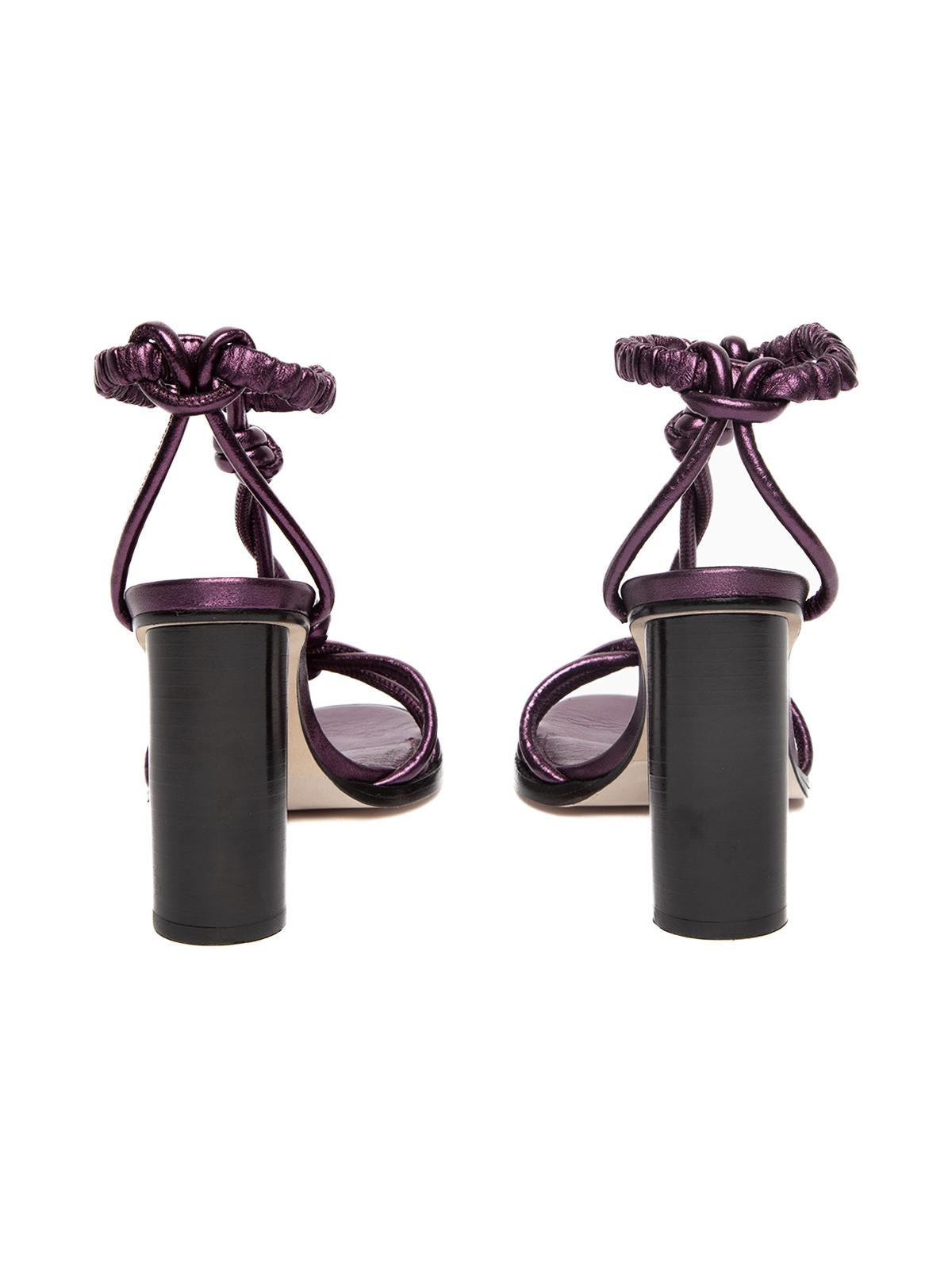 Tamara Mellon Women's Knot Leather Heeled Sandals in Aubergine In Excellent Condition For Sale In London, GB