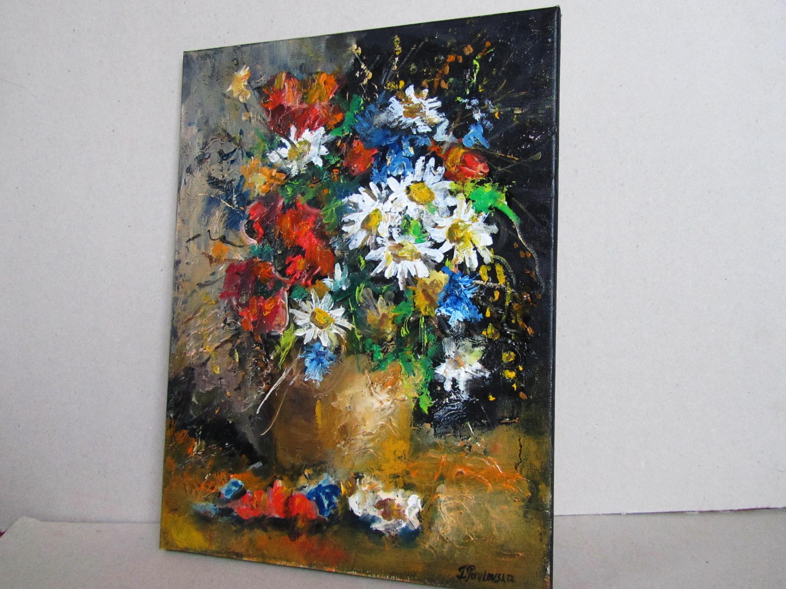 Blumen in Vase. Originalgemälde von Impasto (Schwarz), Still-Life Painting, von Tamara Pavlovska