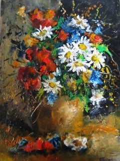Flowers in vase. Impasto original painting