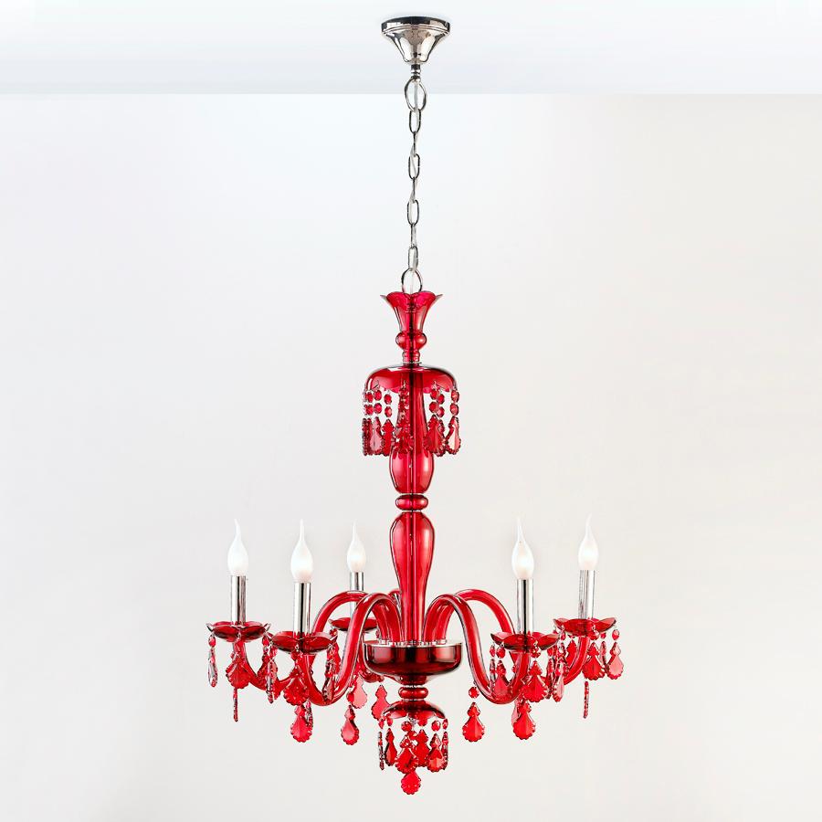 Chandelier Tamara red with brass structure in nickel
finish and with handblown red glass body. With 5 bulbs,
lamp holder type E14, max 40watt. Bulbs not included.
