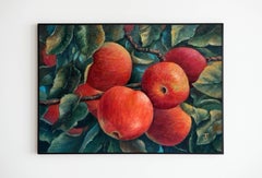 Abundance Apple Tree Still Life.Oil painting on canvas panel