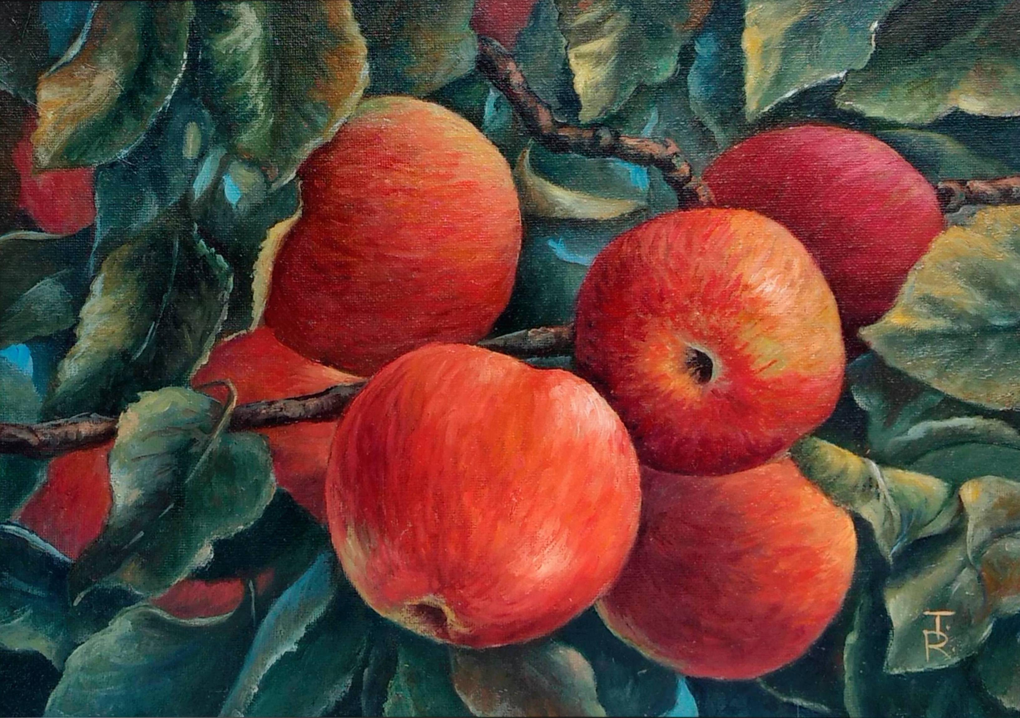 Abundance Apple Tree Still Life.Oil painting on canvas panel