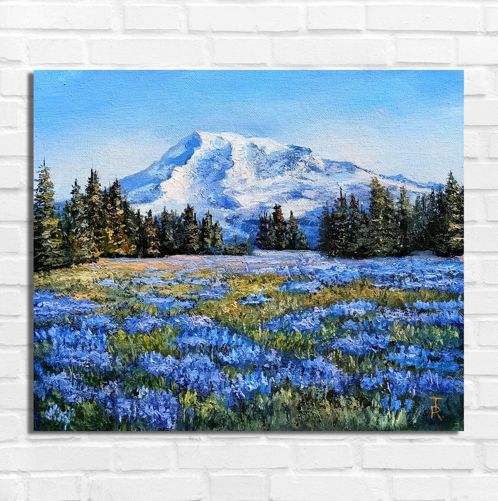 Breathtaking Rainier Mountain Panoramic Landscape. Original Oil Painting - Blue Interior Painting by Tamara Rozinskay (Makhotina)