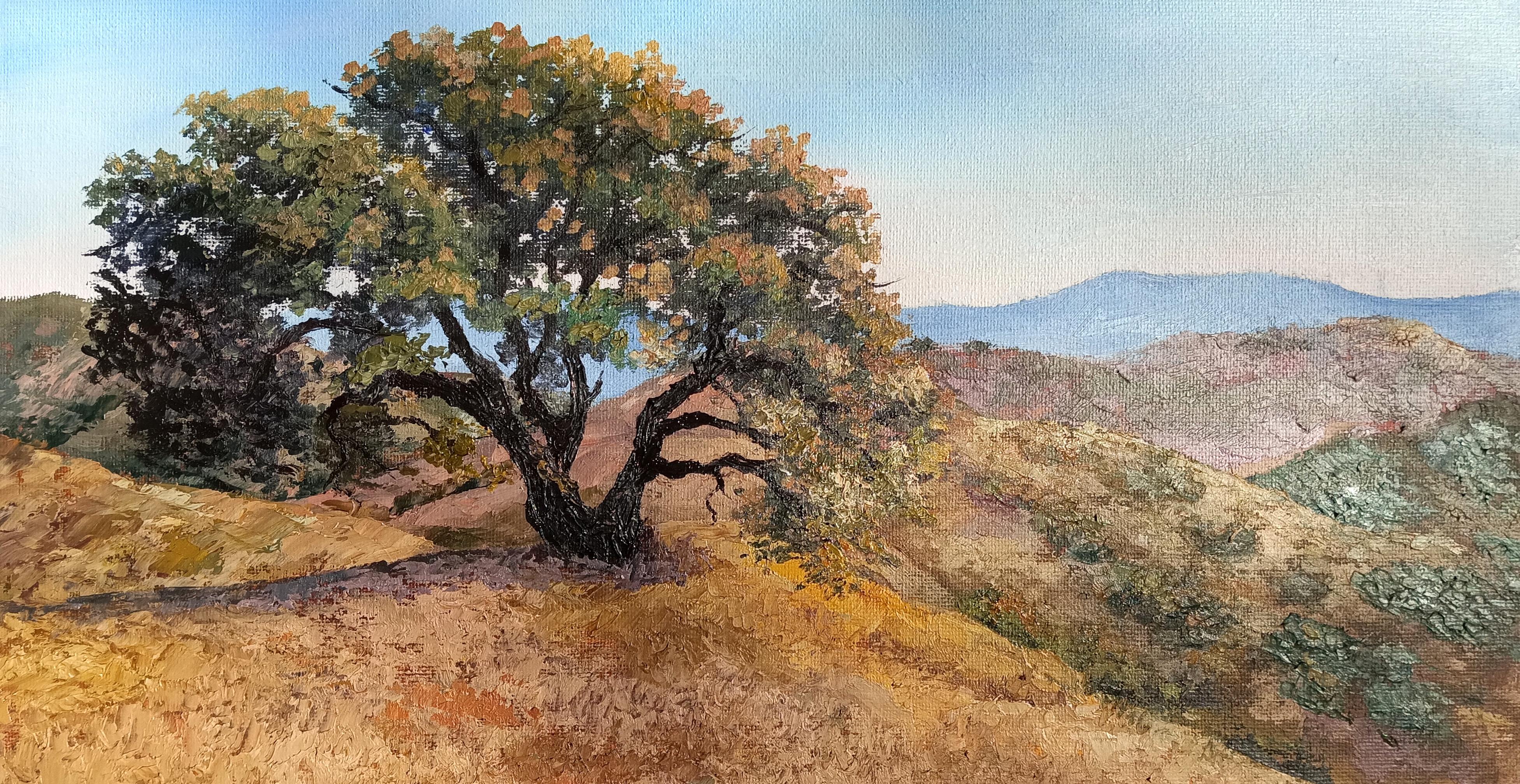 Atractivo roble Paisaje de las Colinas de California. Pintura original al óleo
