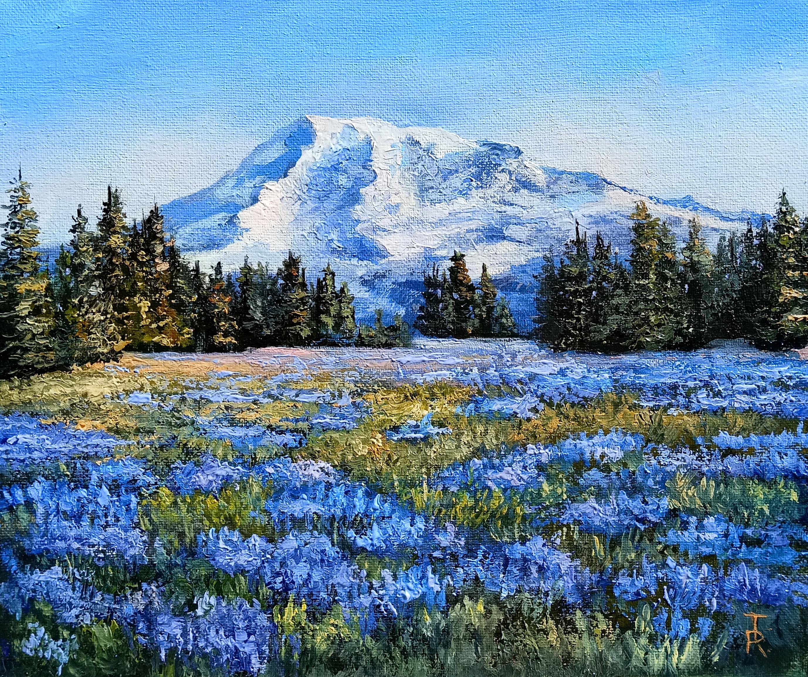 Impresionante paisaje panorámico de la montaña Rainier. Pintura al óleo original